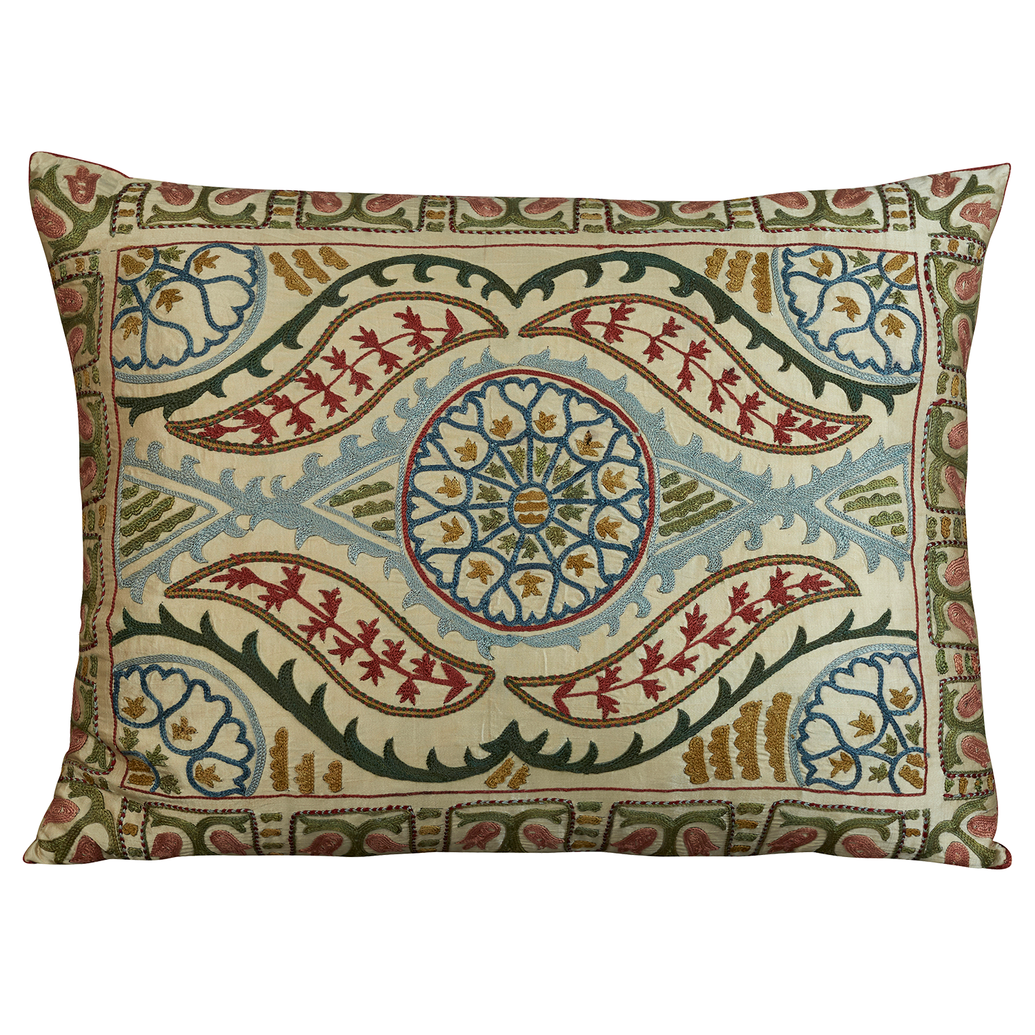 Rectangular silk suzani embroidered cushion - pillow with classic Ottoman floral design and pink and green border