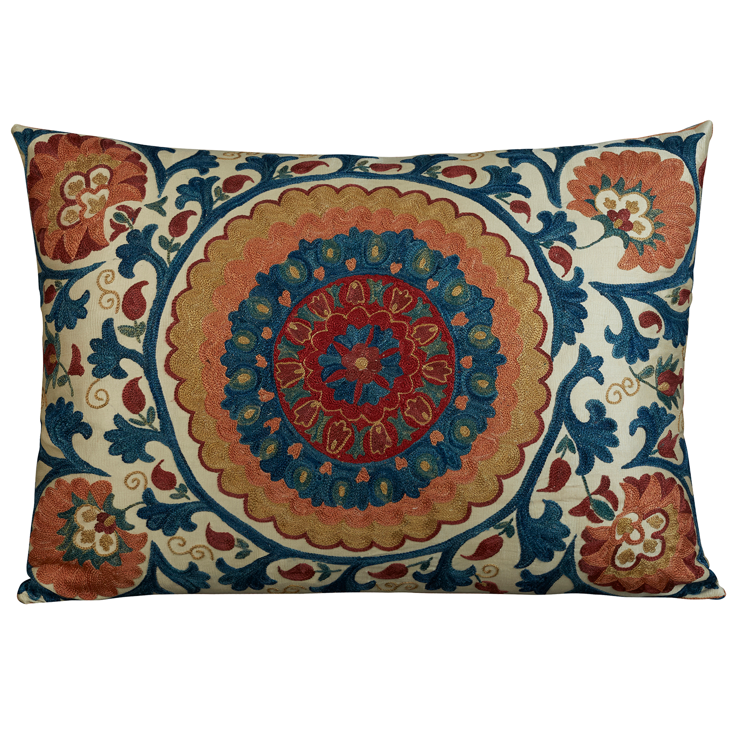 Rectangular silk suzani embroidered cushion - pillow with scrolling floral design and a large bold central medallion