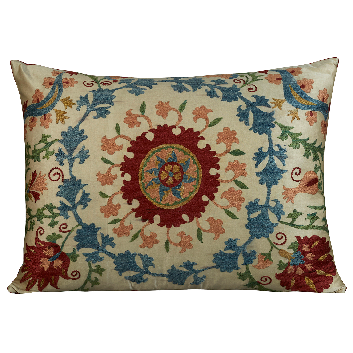 Rectangular silk suzani embroidered cushion - pillow with scrolling floral design and a central medallion