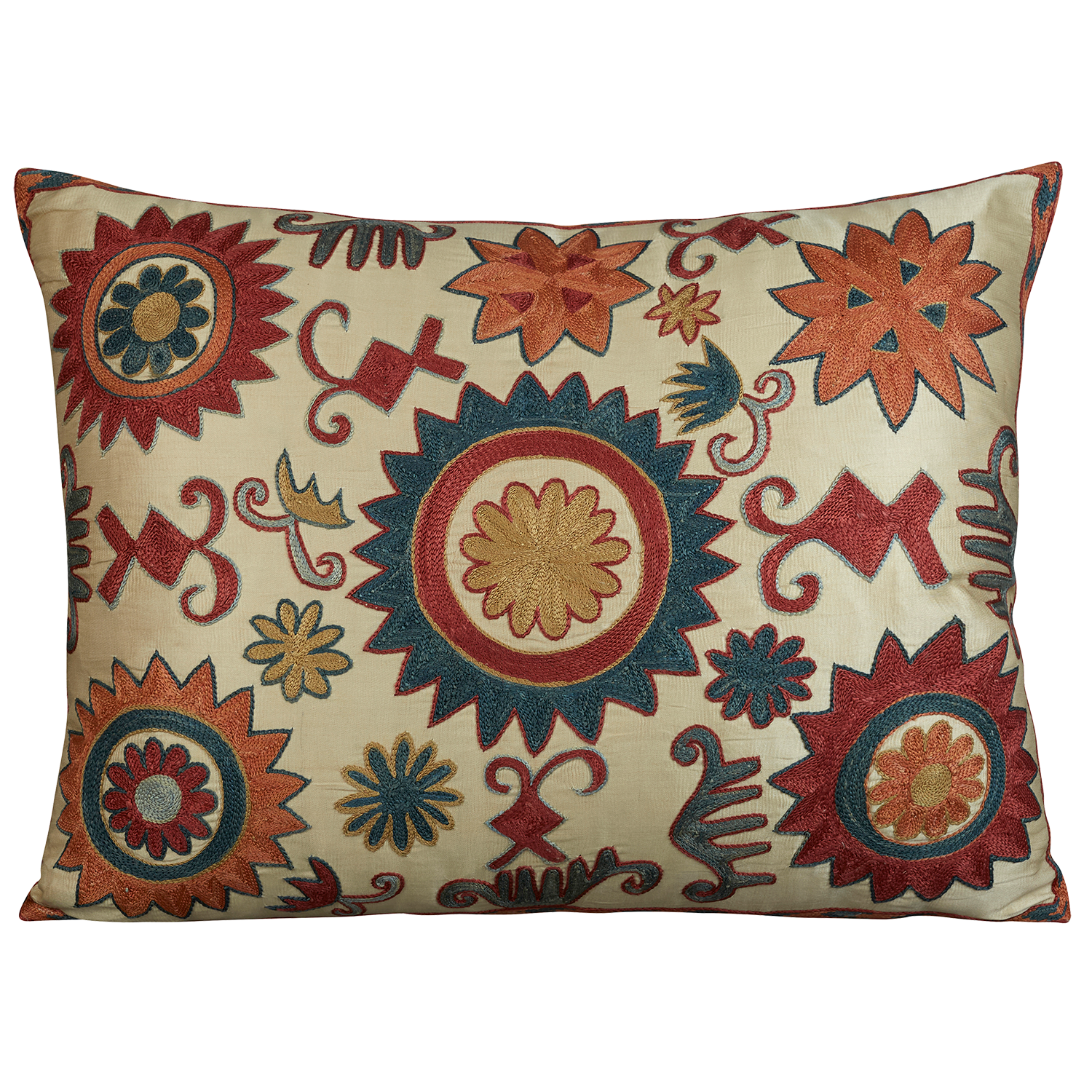 Rectangular silk suzani embroidered cushion - pillow with Caucasian motif and a small central medallion