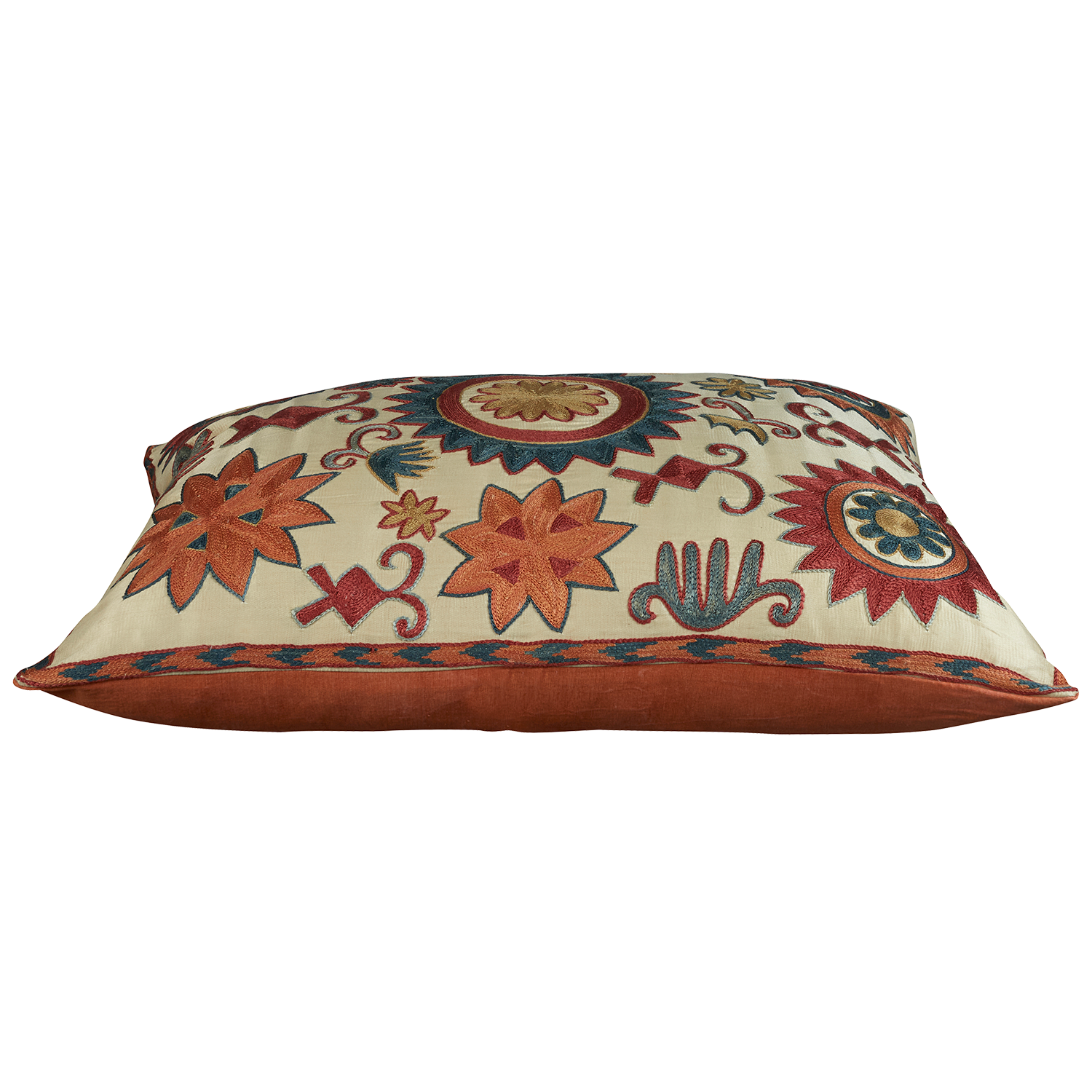 Rectangular silk suzani embroidered cushion - pillow with Caucasian motif and a small central medallion