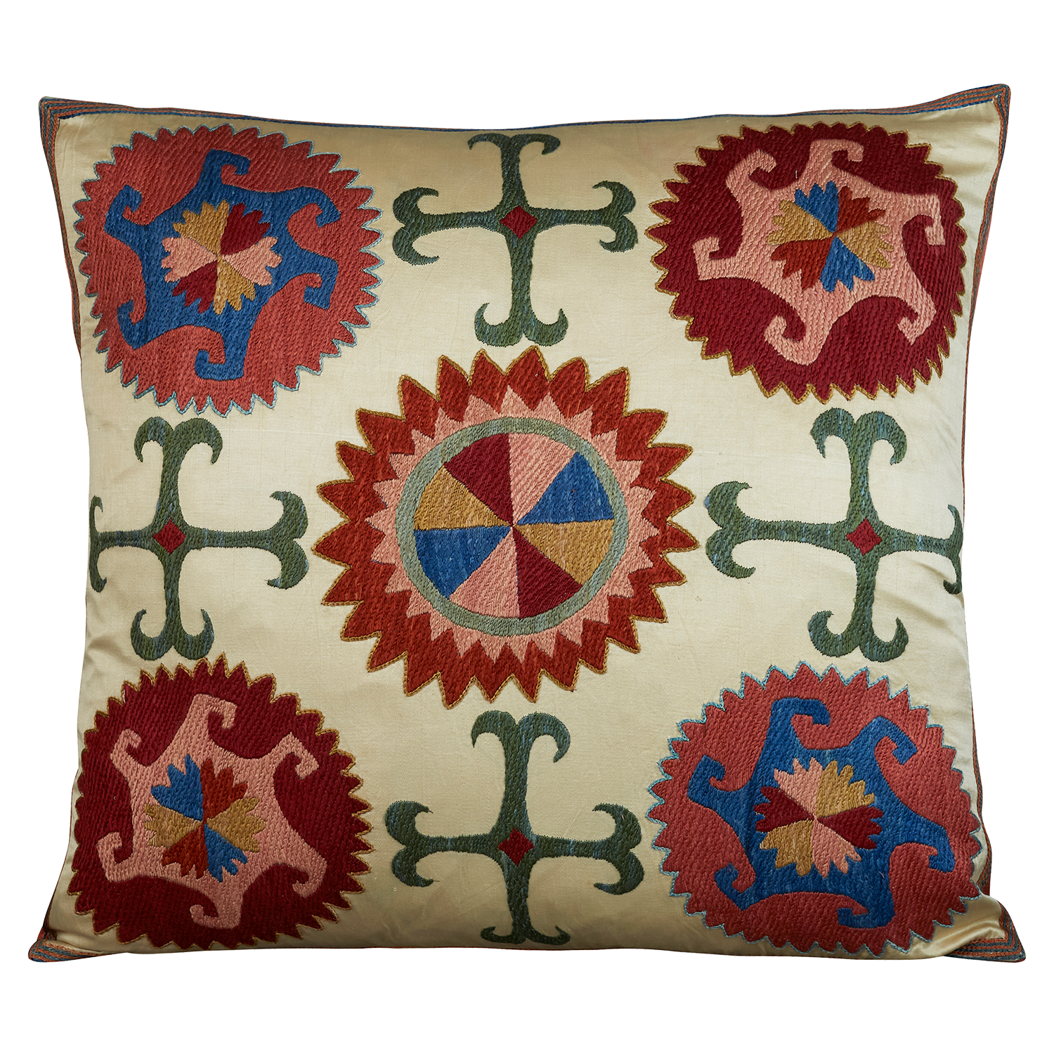 Square silk suzani embroidered cushion - pillow with Caucasian motif and kaleidoscope medallion