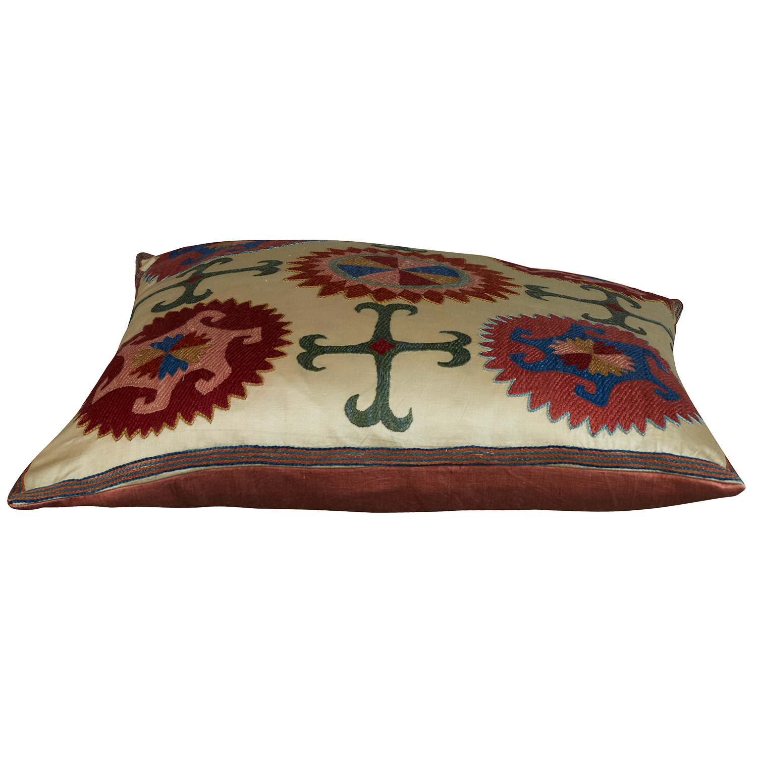 Square silk suzani embroidered cushion - pillow with Caucasian motif and kaleidoscope medallion