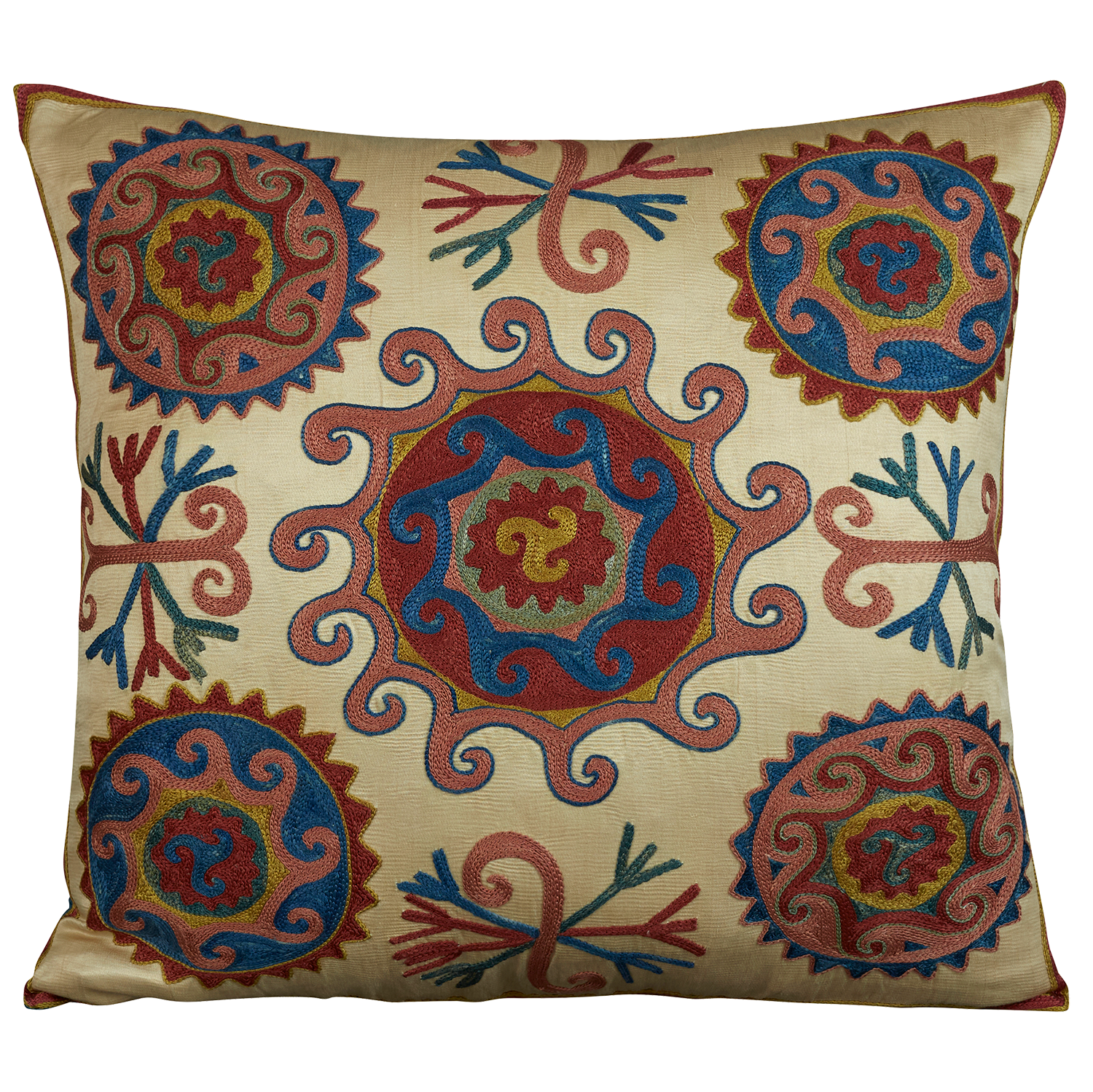 Square silk suzani embroidered cushion - pillow with Caucasian motif and scrolling central medallion