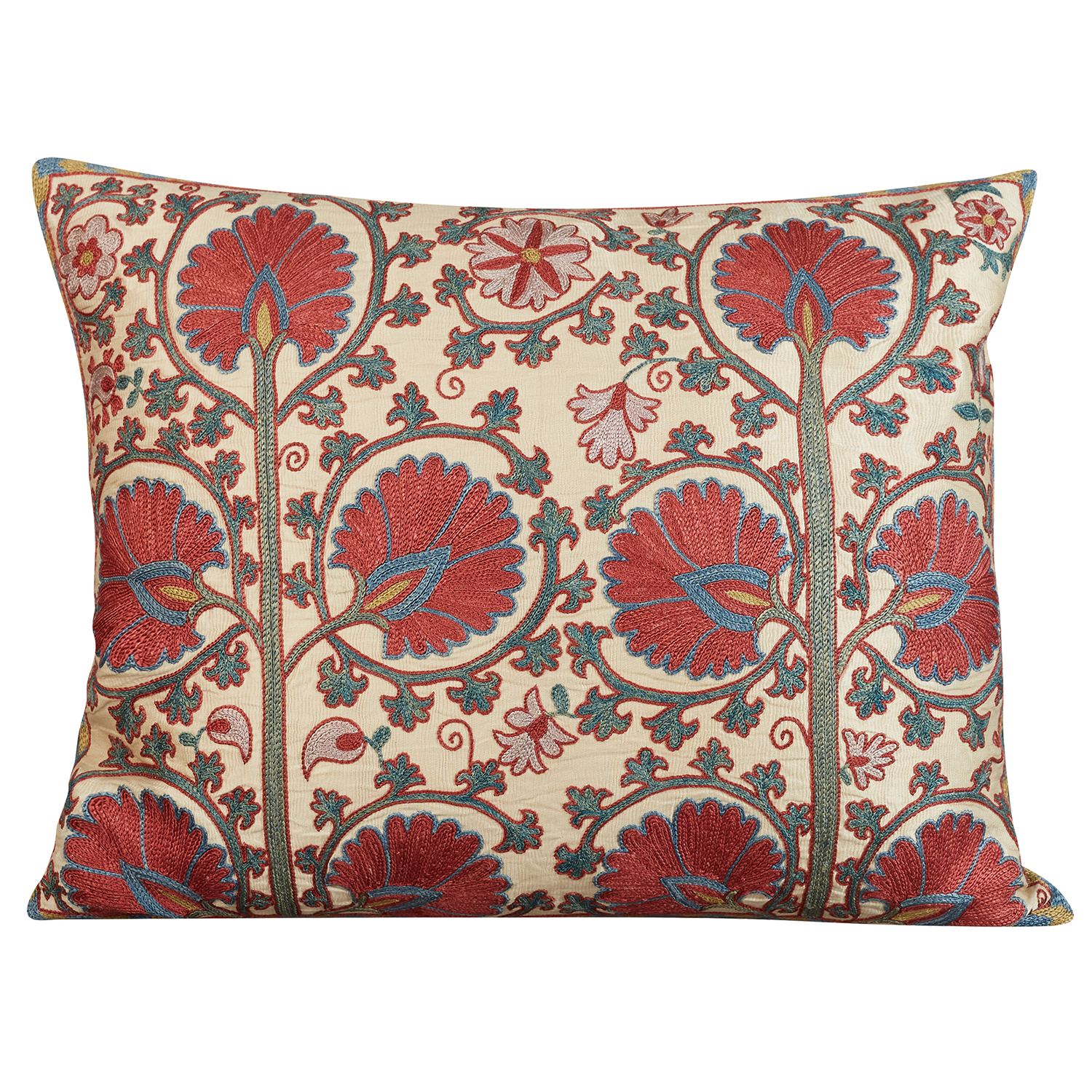 Rectangular silk suzani cushion with double carnation design on cream silk background