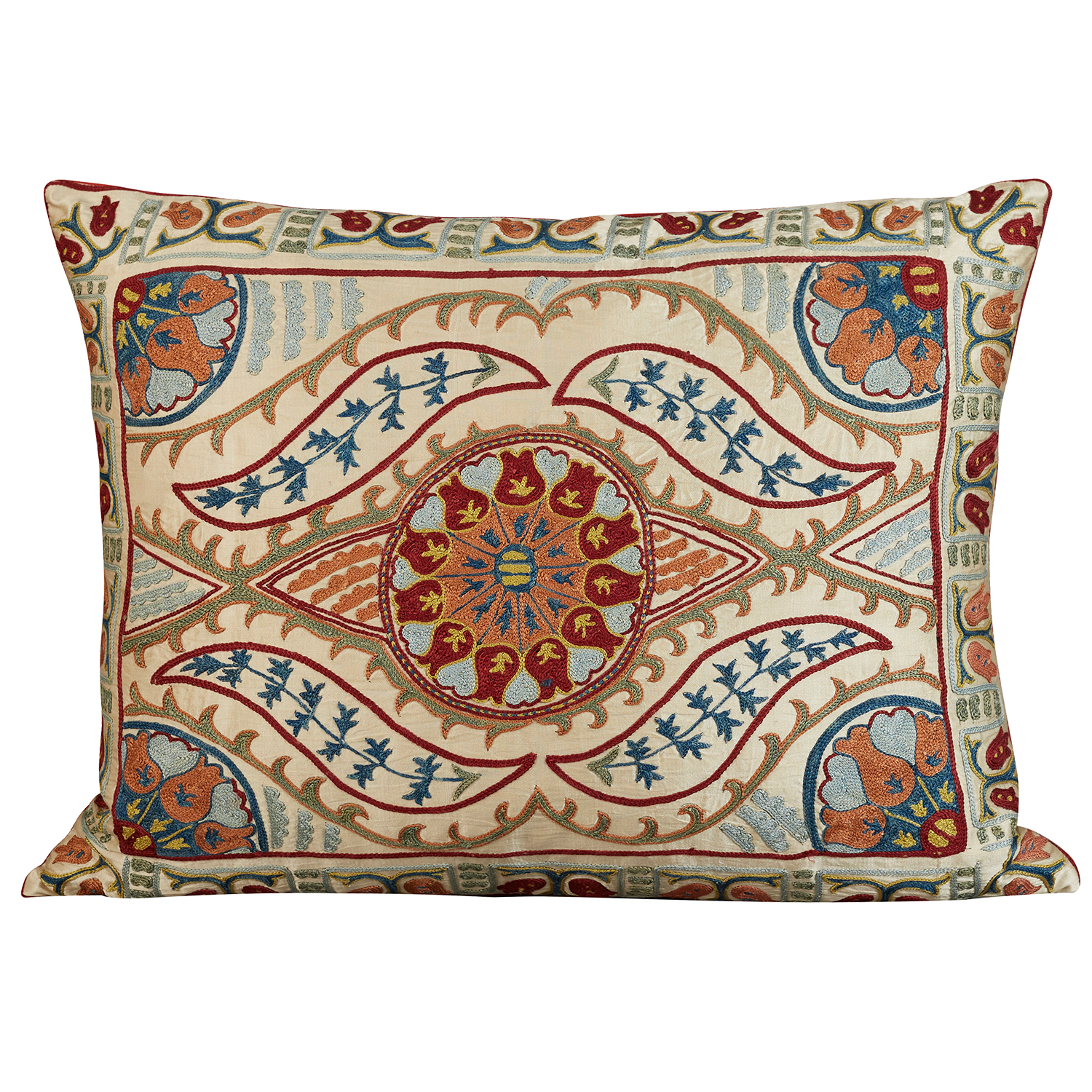 Rectangular silk suzani cushion with classic ottoman geometric design on cream silk background