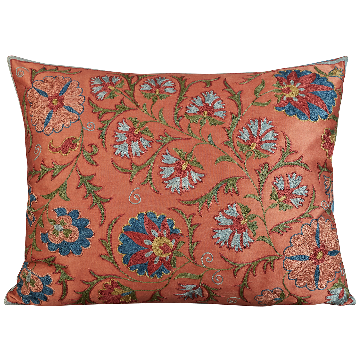 Rectangular silk suzani cushion with all over floral design on peach/pink silk background