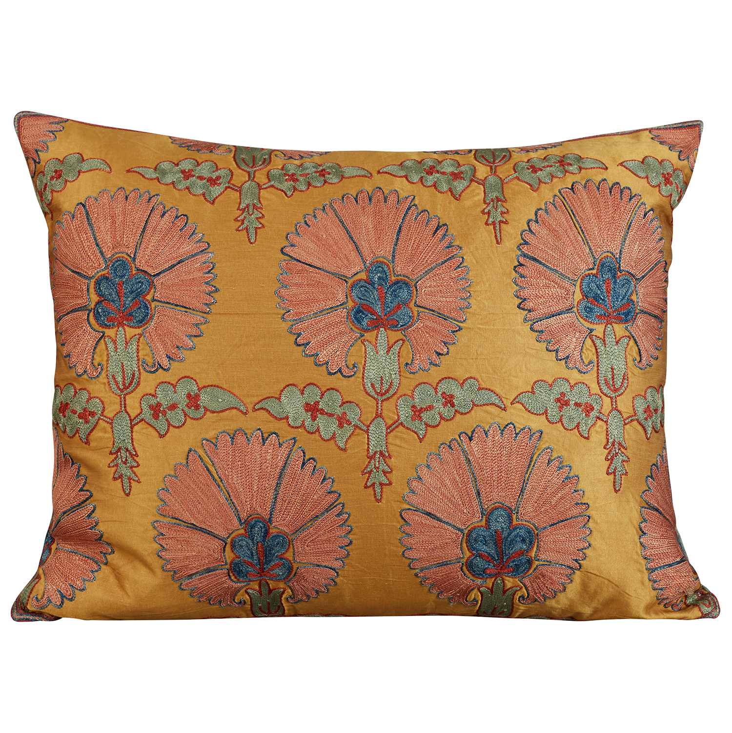 Rectangular silk suzani cushion pink carnation design on gold silk background
