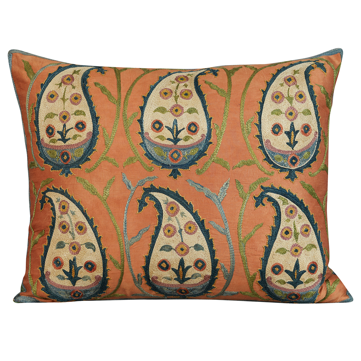 Rectangular silk suzani paisley design cushion on peach/pink silk background
