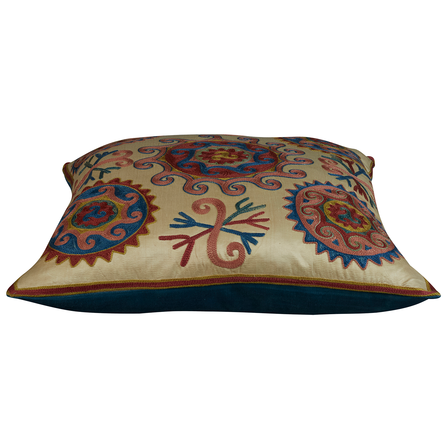 Square silk suzani embroidered cushion - pillow with Caucasian motif and scrolling central medallion