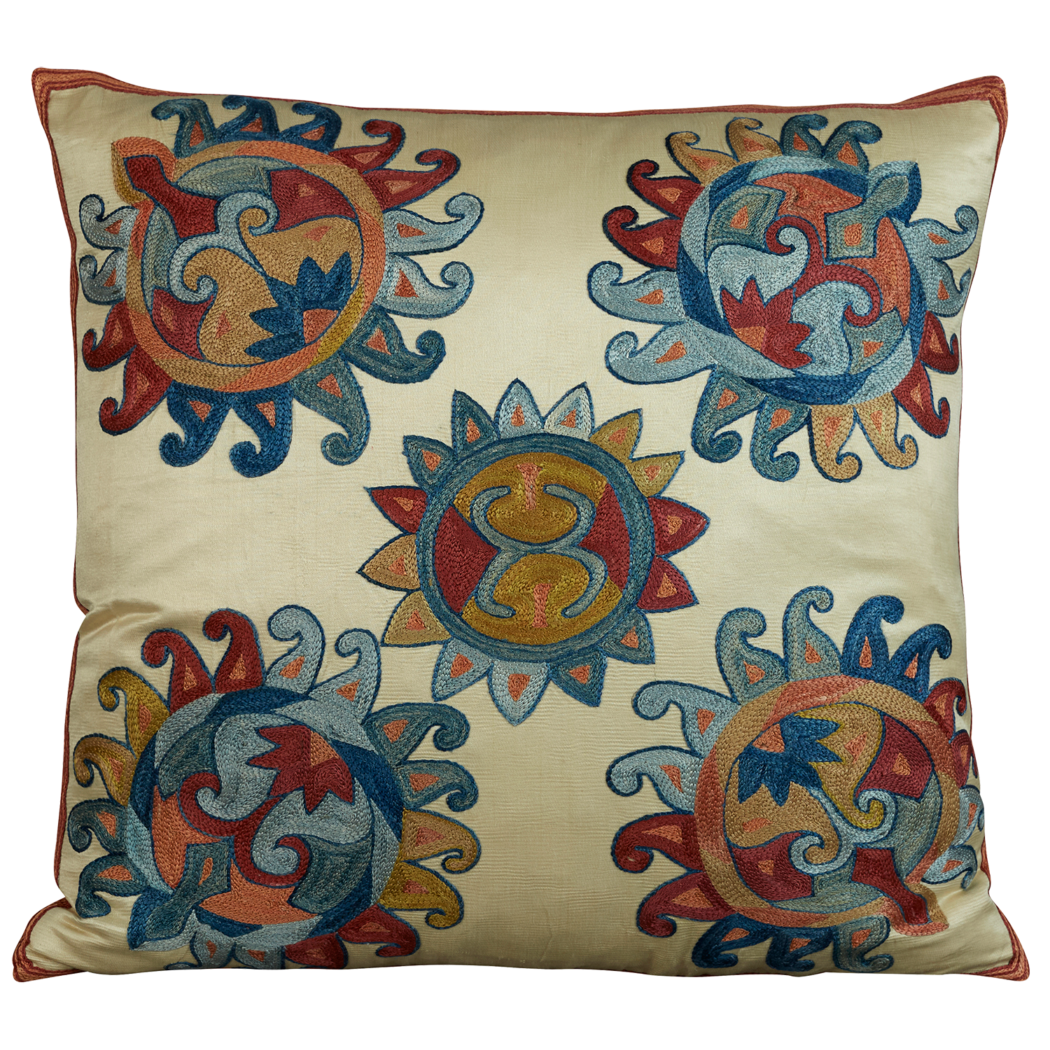 Square silk suzani embroidered cushion - pillow with an all over Anatolian motif and striped pink border