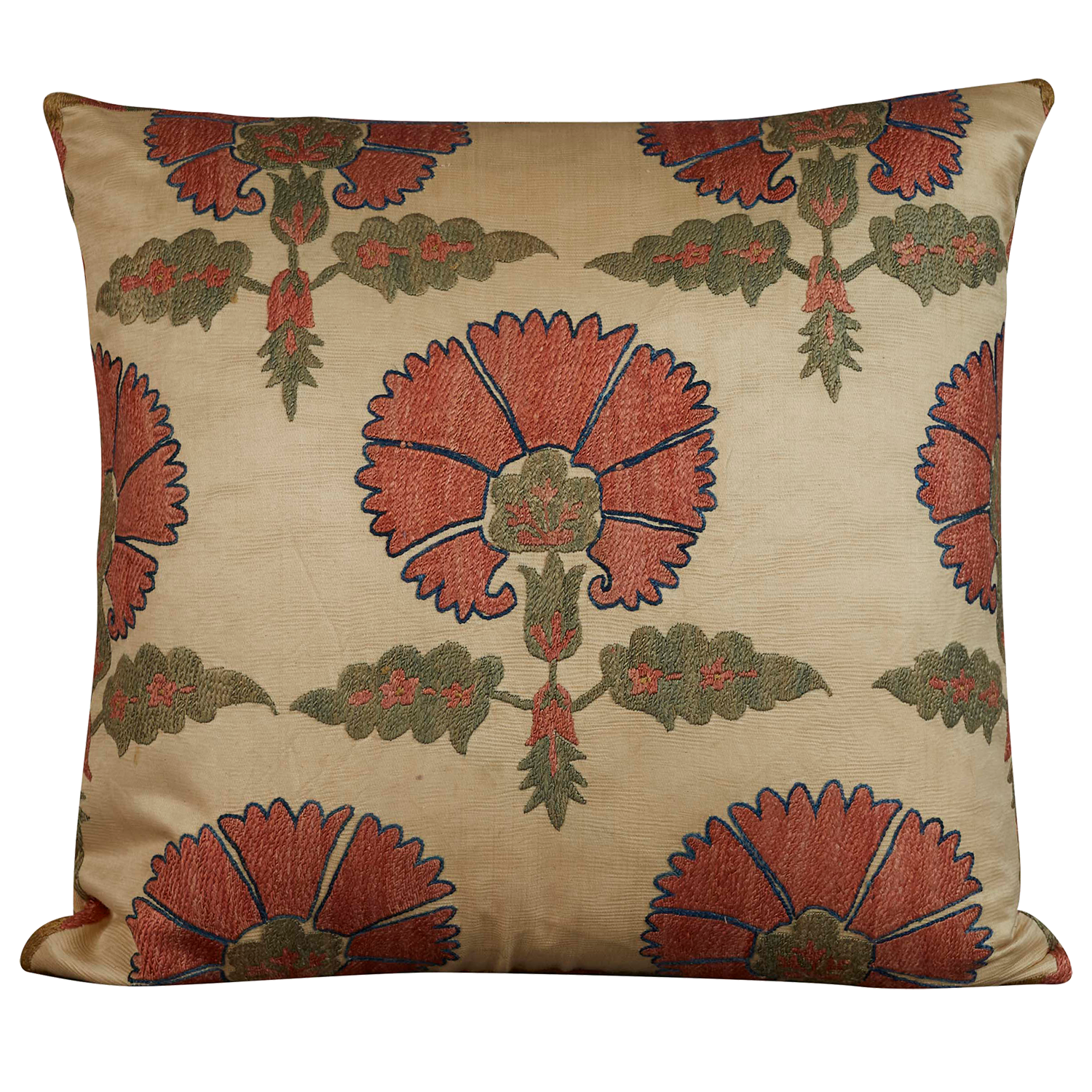 Square silk suzani cushion with classic ottoman carnation design on cream silk background
