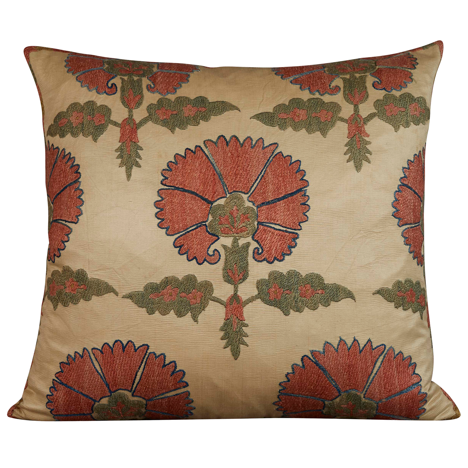 Square silk suzani cushion with classic ottoman carnation design on cream silk background and cream silk back