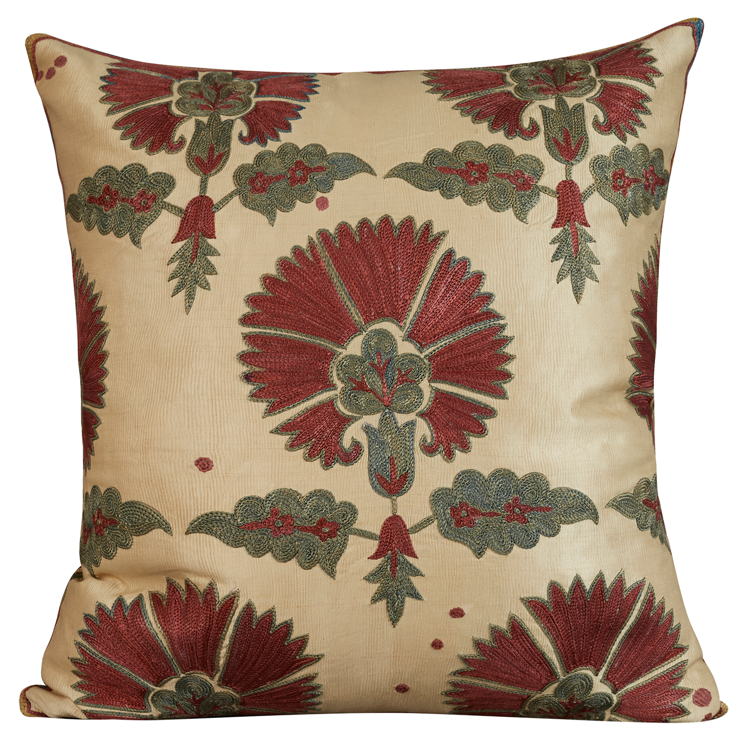 Square silk suzani cushion with classic ottoman oxblood carnation design on cream silk background