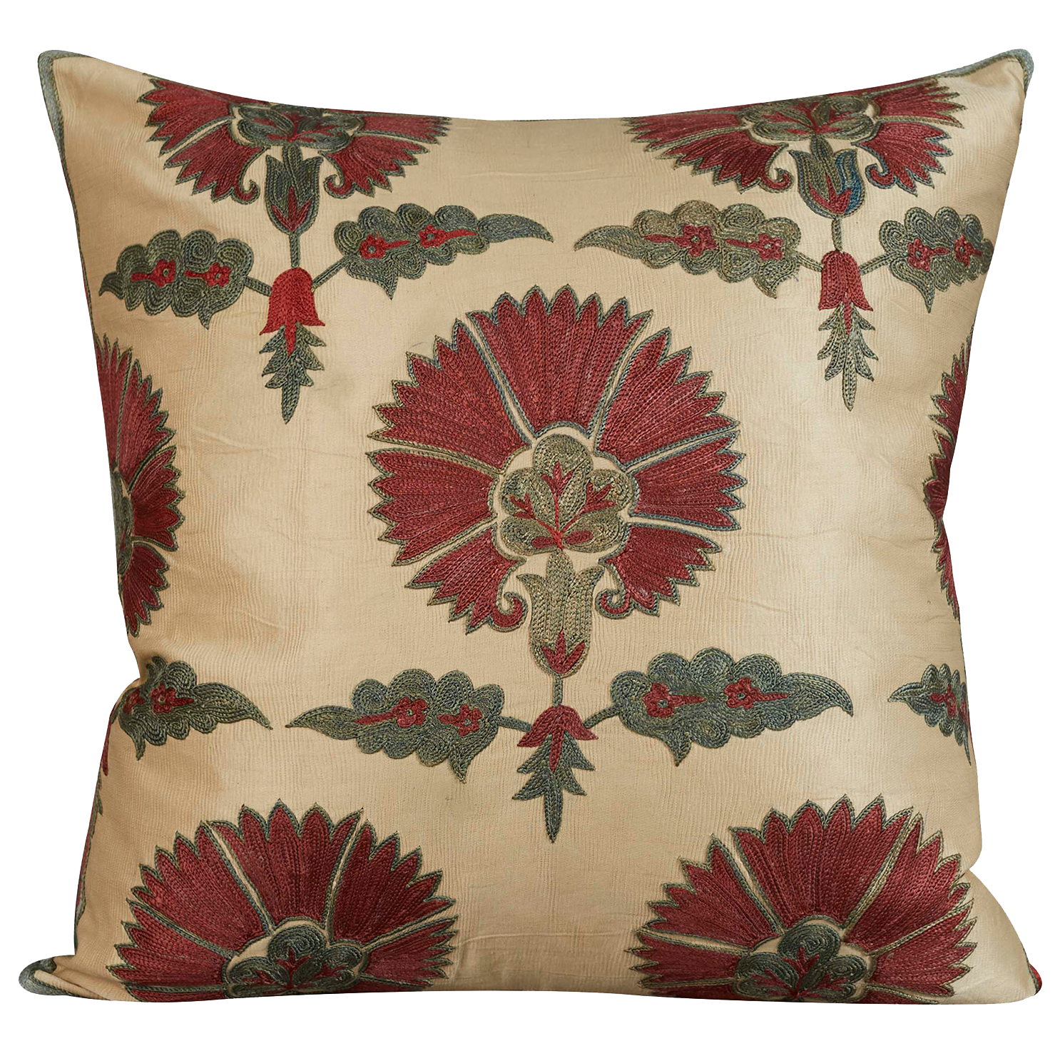 Square silk suzani cushion with classic ottoman oxblood carnation design on cream silk background with blue silk back