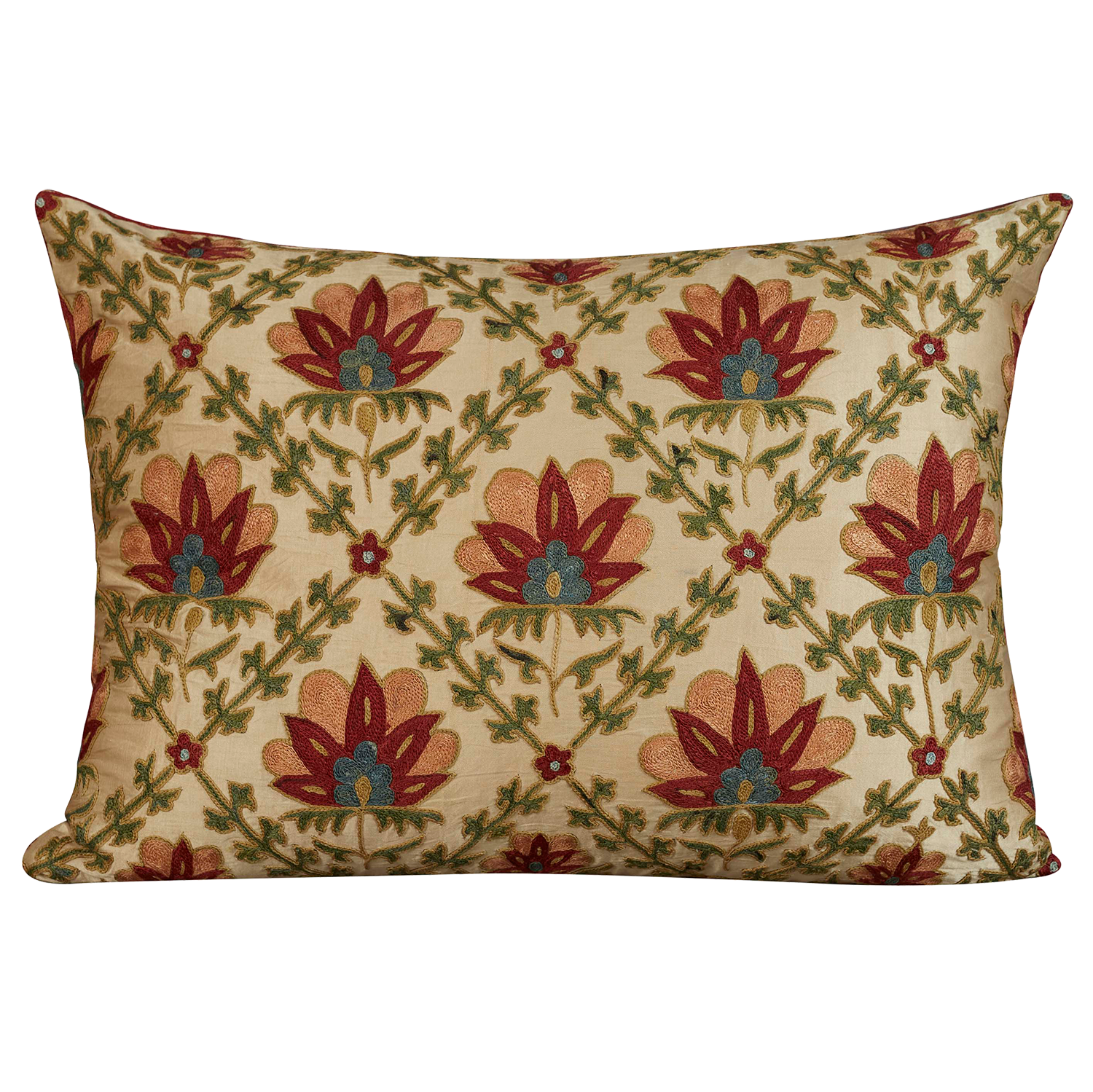 Rectangular silk suzani cushion with lotus flower and lattice design