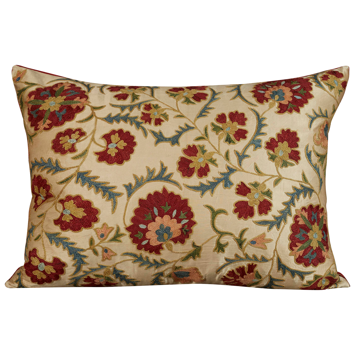Rectangular silk suzani cushion with classic ottoman geometric scrolling floral design with red silk back