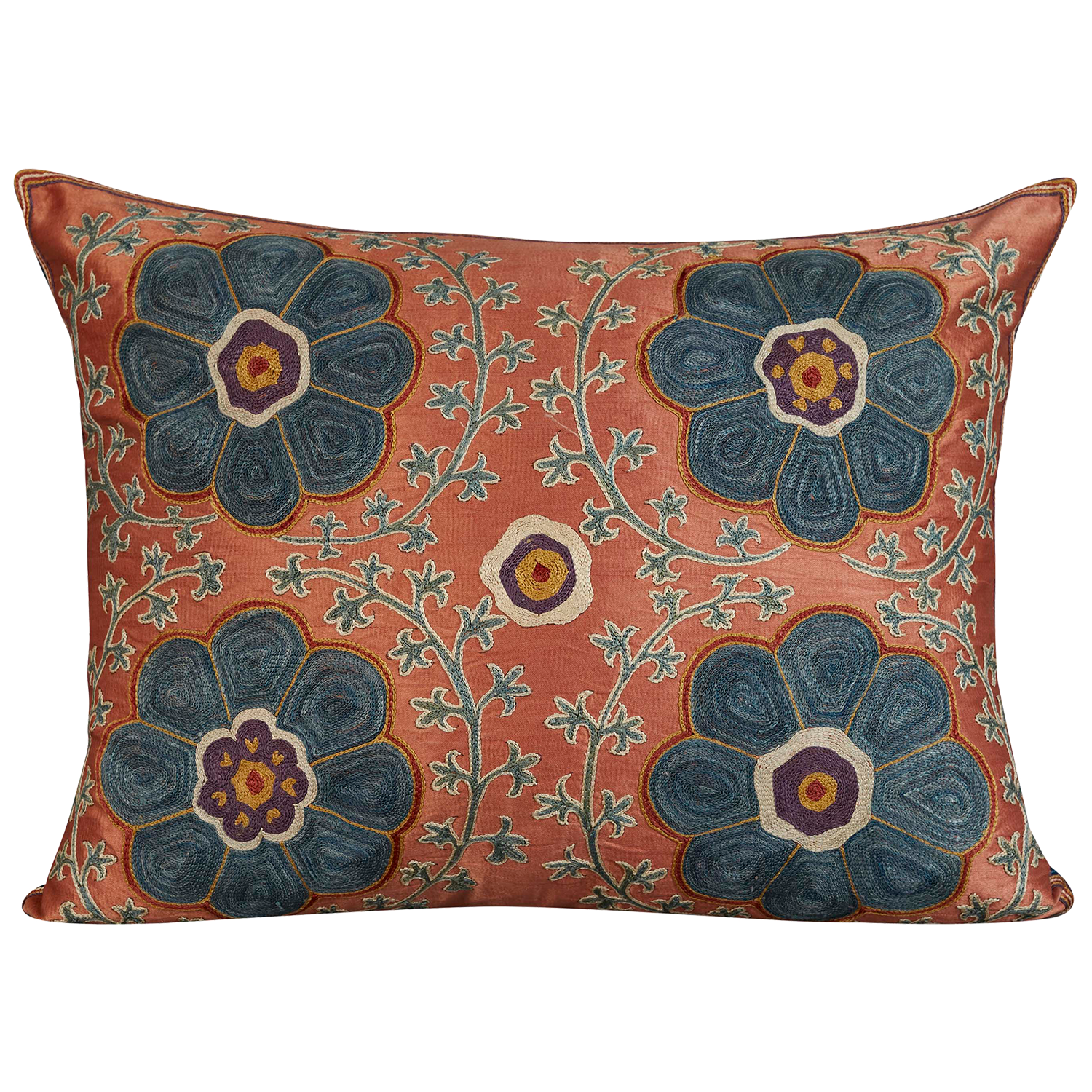 Rectangular silk suzani cushion with classic ottoman floral and rosette design