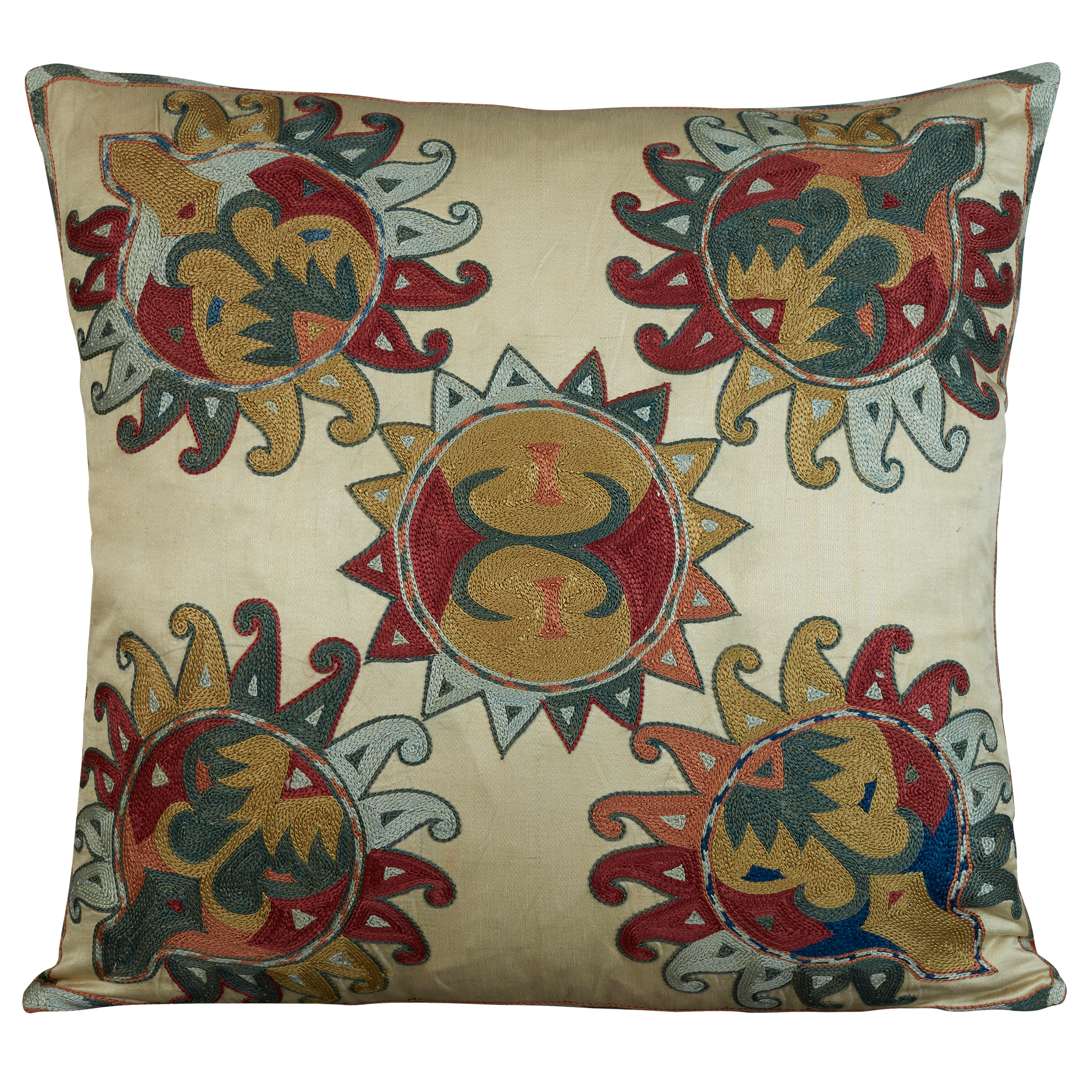 Square silk suzani embroidered cushion - pillow with an all over Anatolian motif and diagonal border