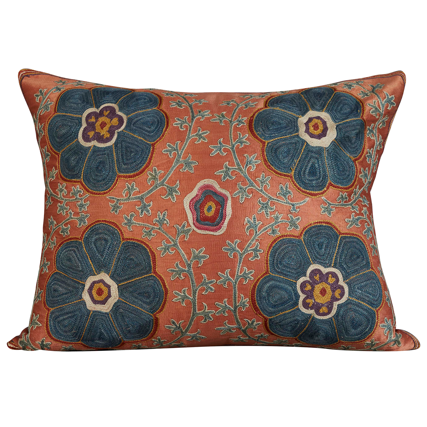 Rectangular silk suzani cushion with classic ottoman floral and rosette design with blue silk back