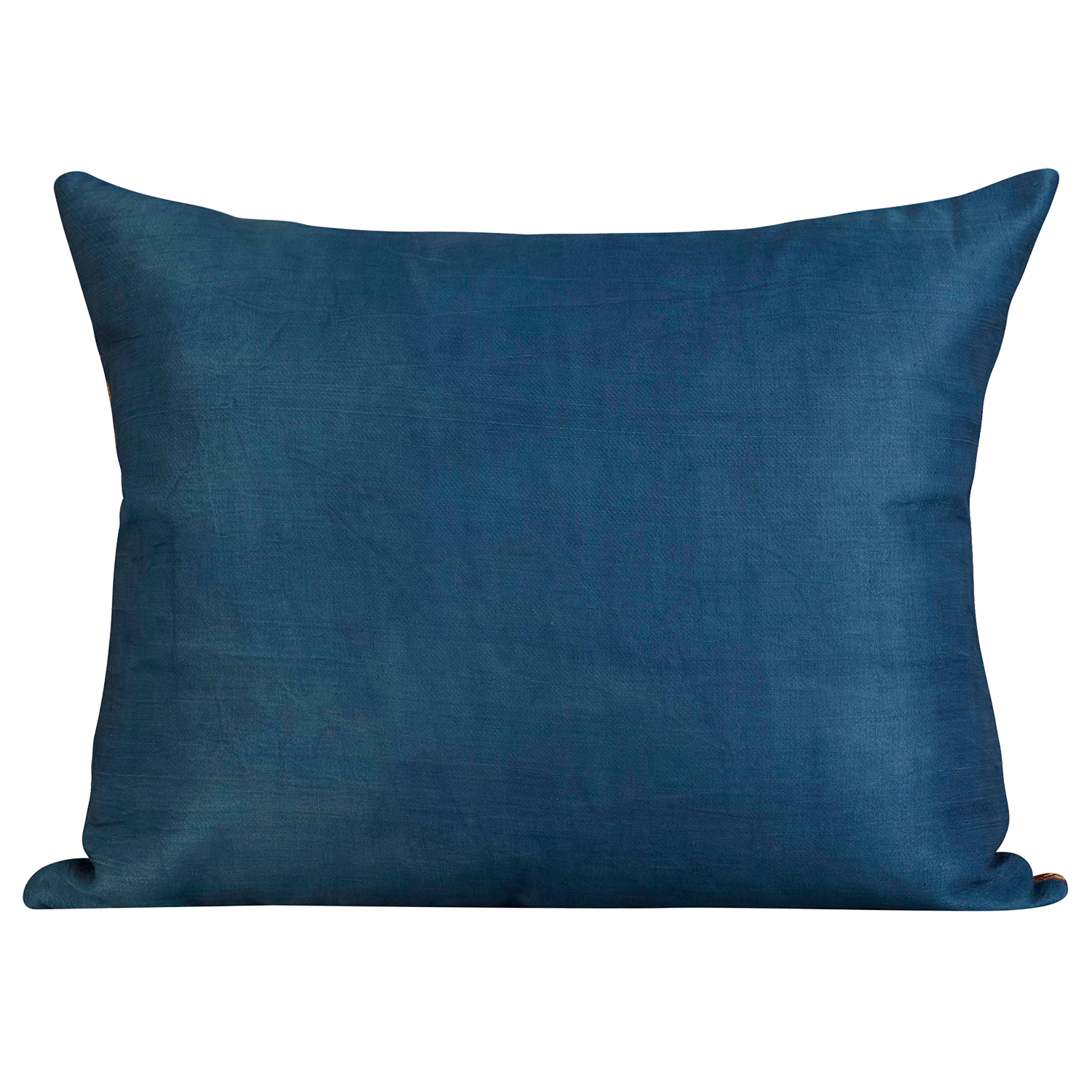 Rectangular silk suzani cushion with classic ottoman floral and rosette design with blue silk back