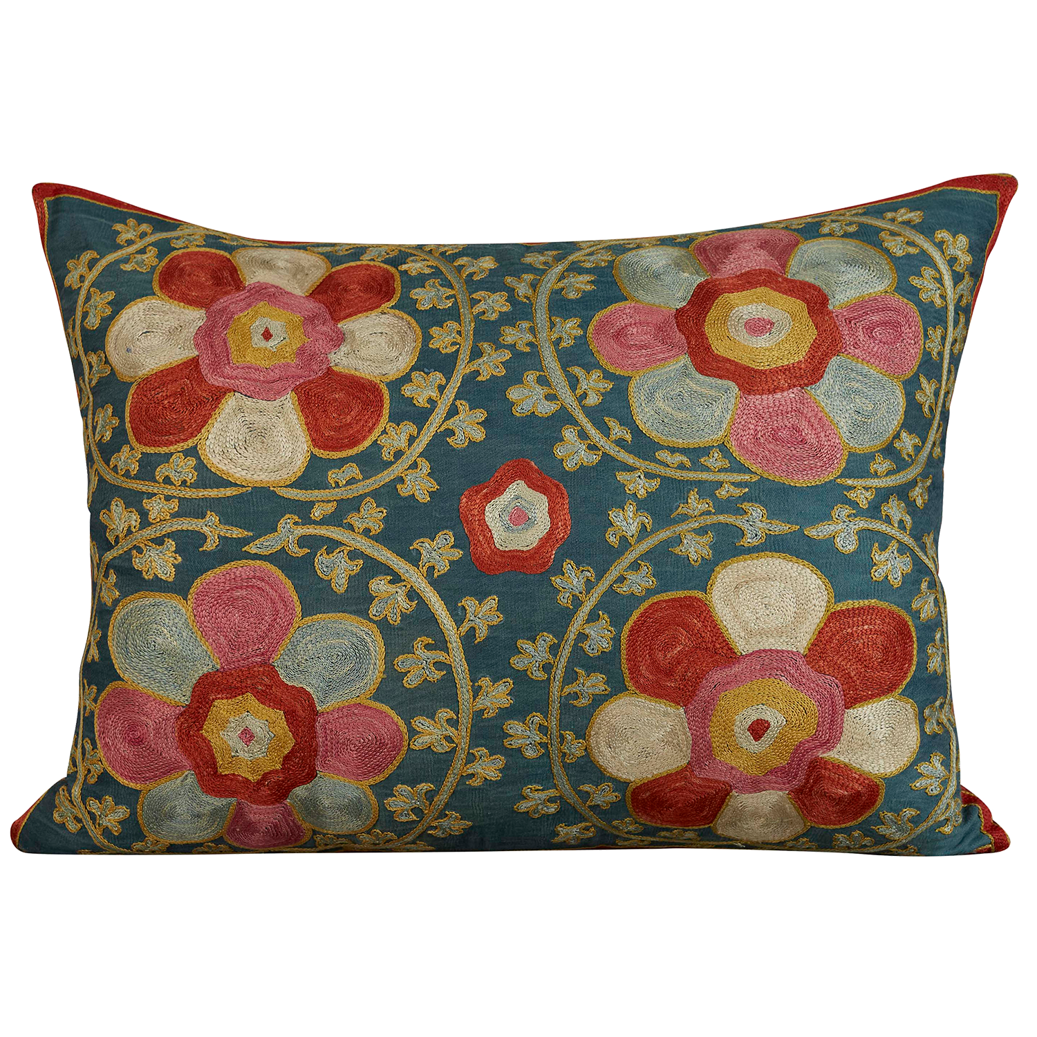 Rectangular silk suzani cushion with classic ottoman floral and rosette design on teal background