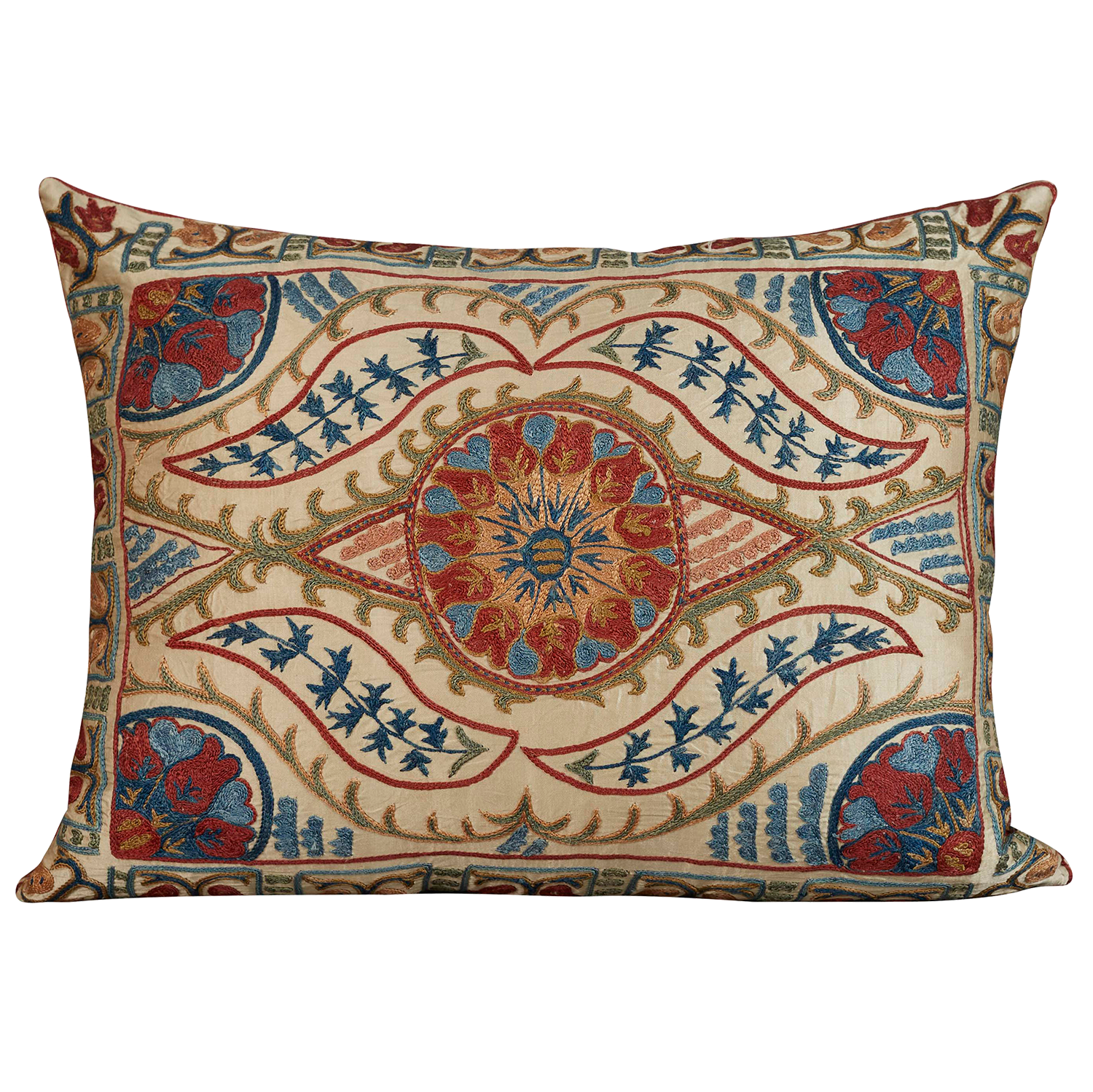 Rectangular silk suzani cushion with classic ottoman geometric design on cream silk background and brown silk back