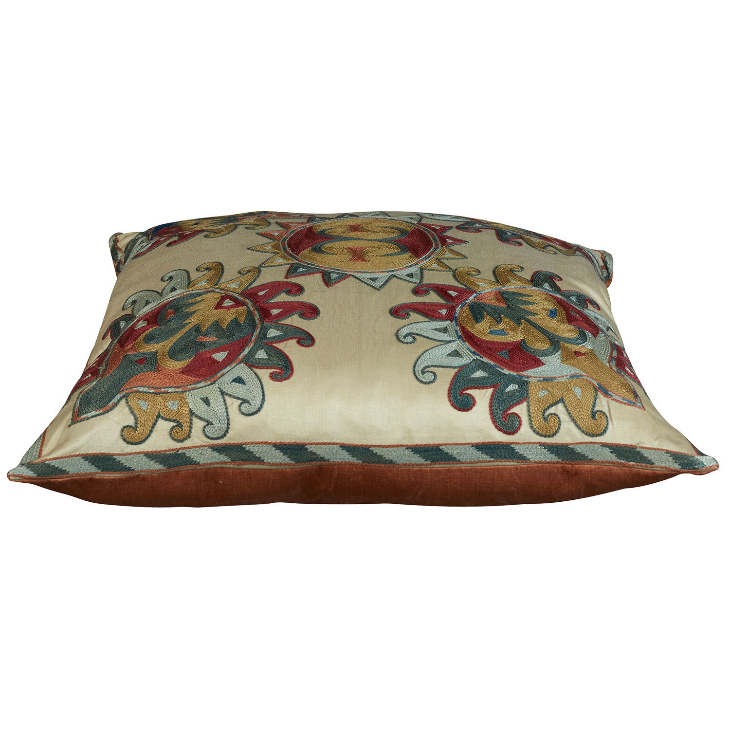 Square silk suzani embroidered cushion - pillow with an all over Anatolian motif and diagonal border