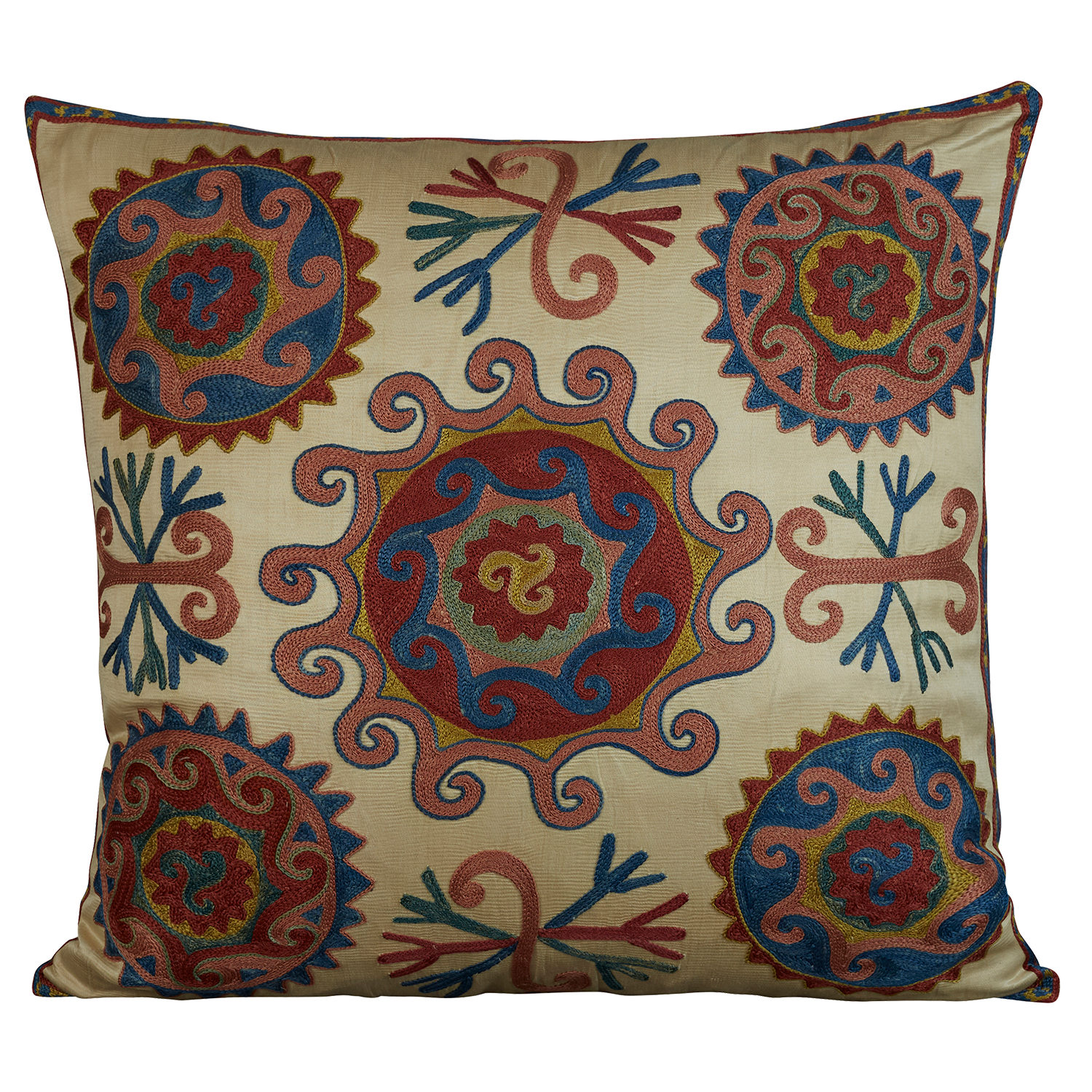 Square silk suzani embroidered cushion - pillow with Caucasian motif and large scrolling central medallion