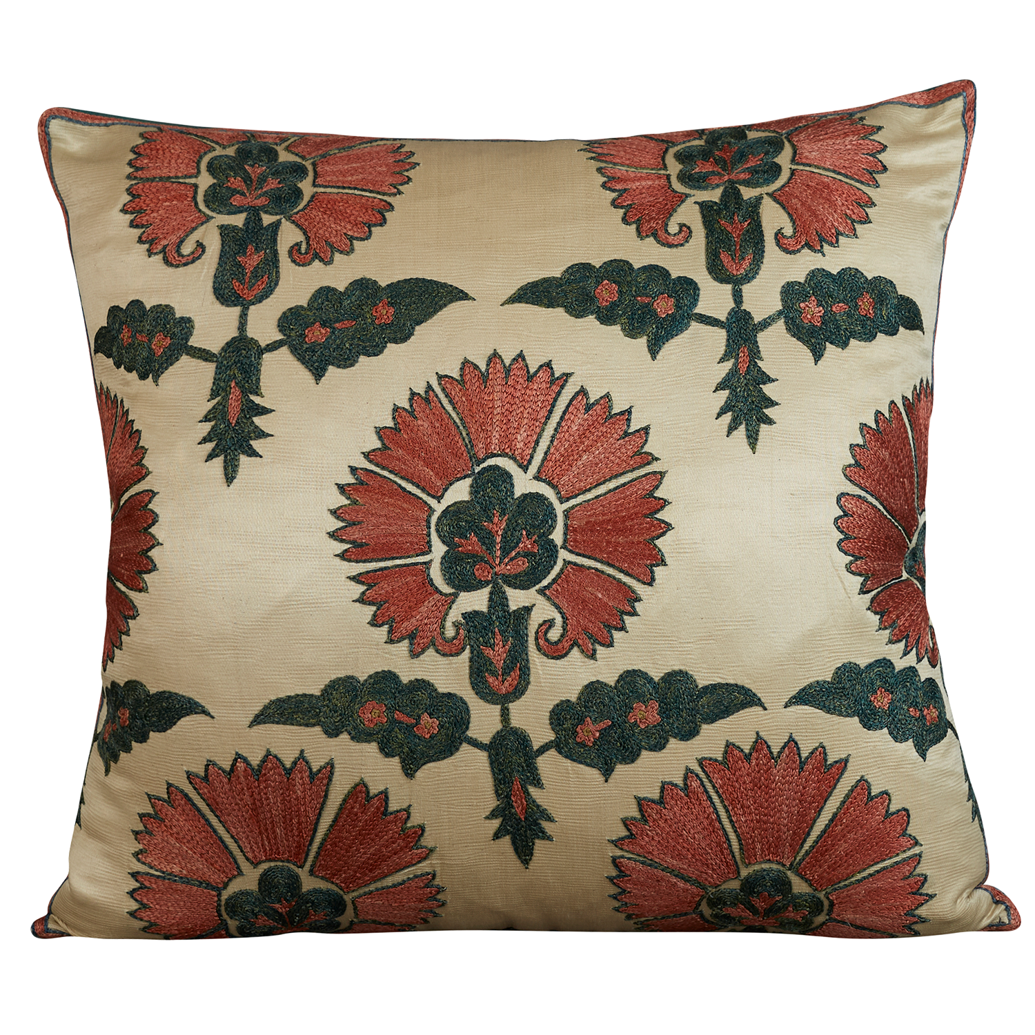 Square silk suzani forest green/pink cushion with classic ottoman carnation design