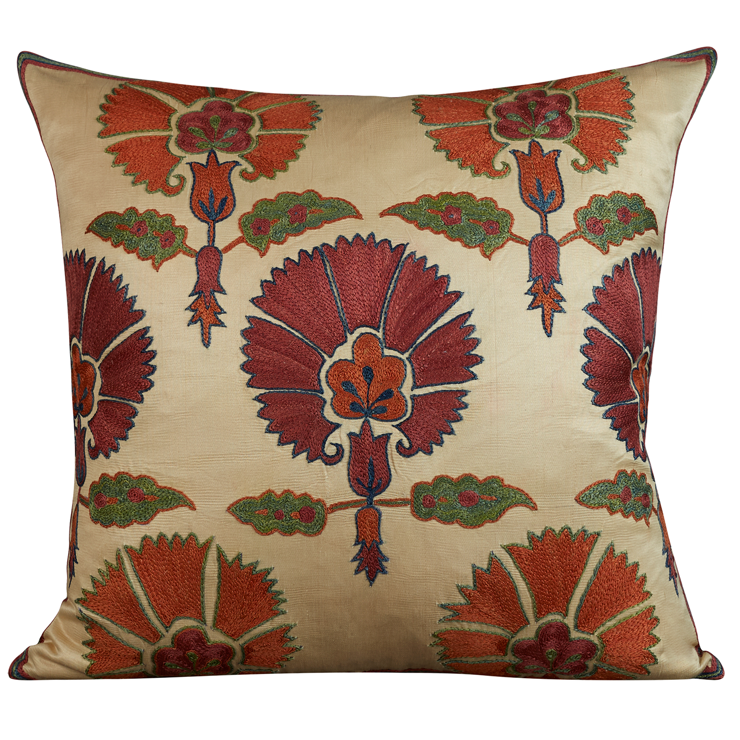 Square silk suzani green/orange cushion with classic ottoman carnation design