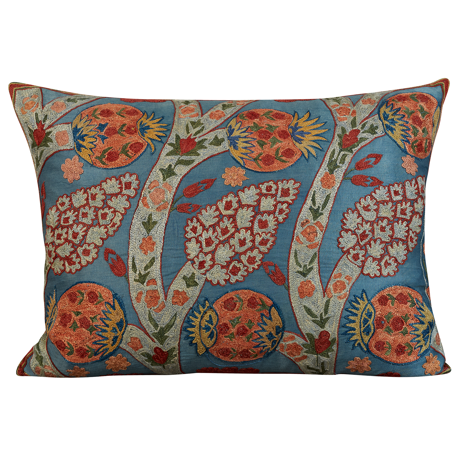 Rectangular silk suzani cushion with pomegranate and vine design on blue ground