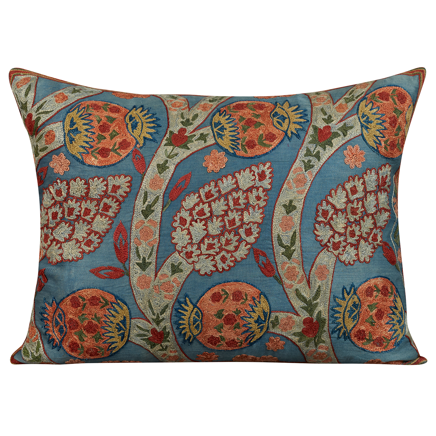Rectangular silk suzani cushion with vine and pomegranate design on blue ground