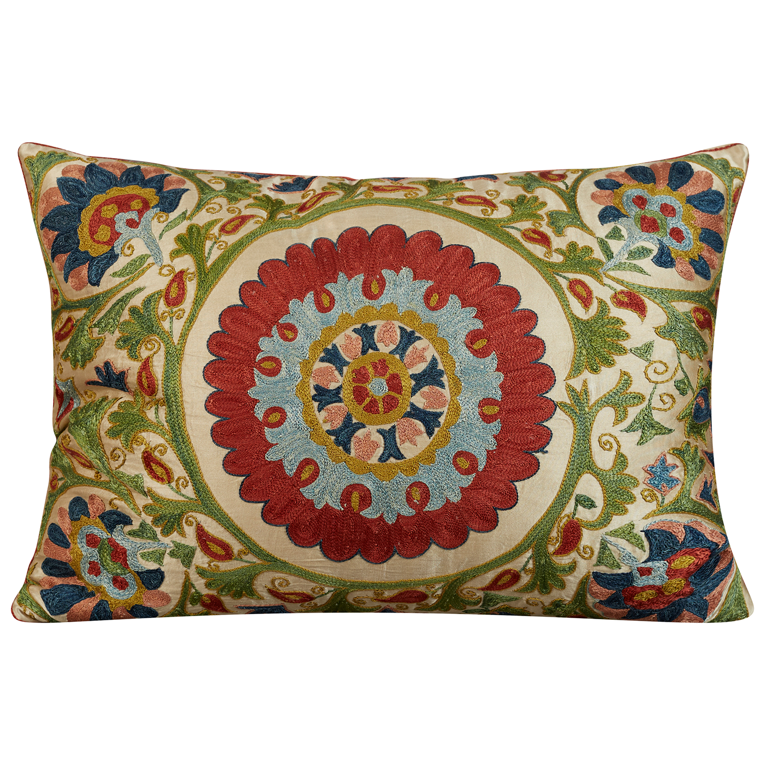 Rectangular silk suzani cushion with green scrolling vine and central medallion