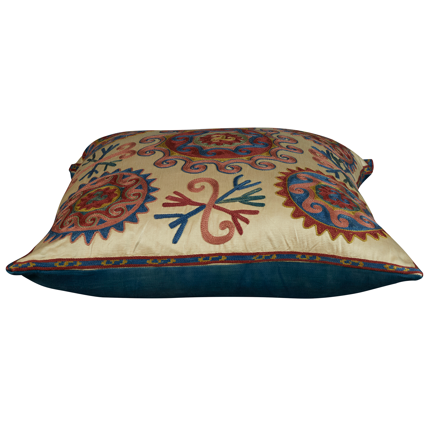 Square silk suzani embroidered cushion - pillow with Caucasian motif and large scrolling central medallion