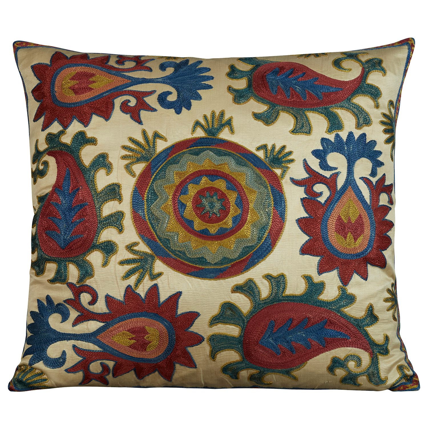 Square silk suzani embroidered cushion - pillow with Anatolian paisley motif and central medallion