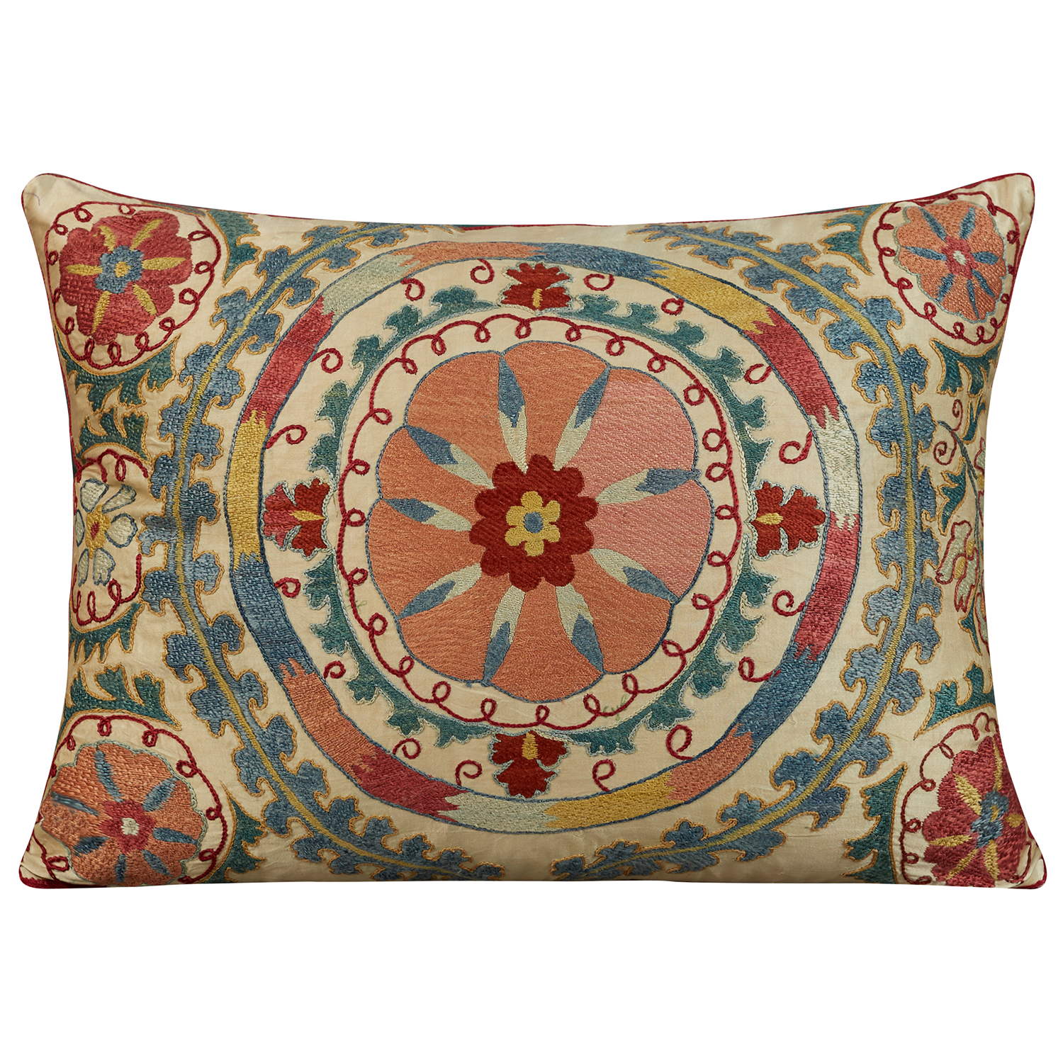 Rectangular silk suzani cushion with pink central medallion