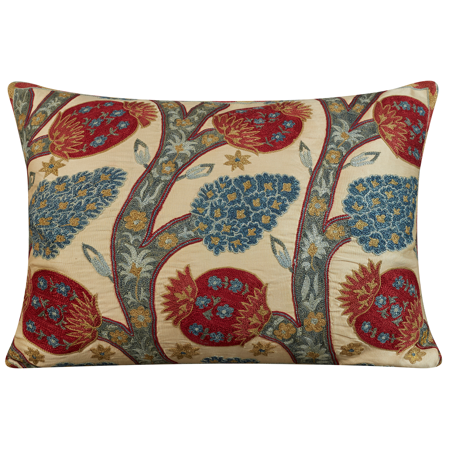 Rectangular silk suzani cushion with pomegranate design on cream ground