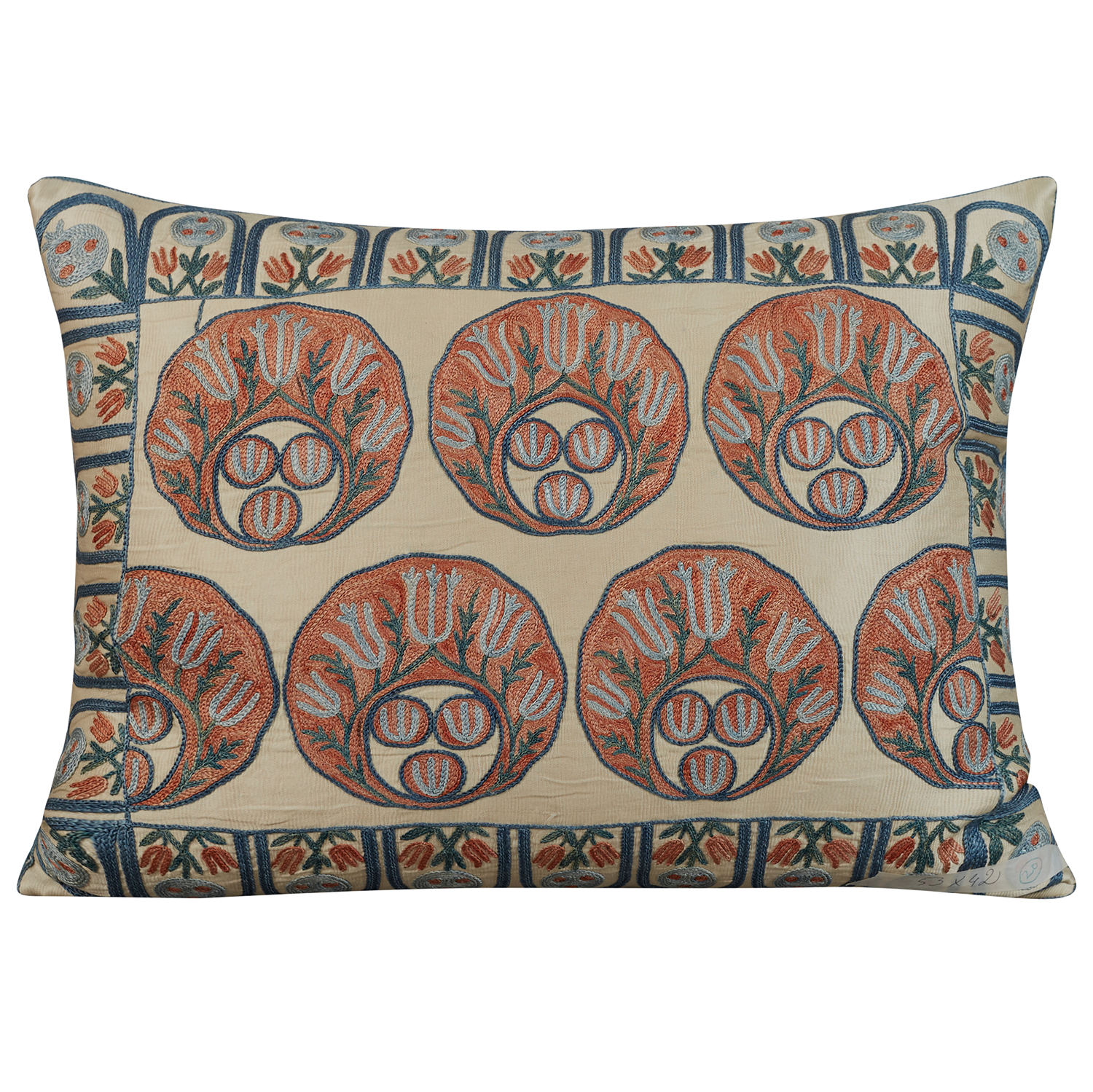 Rectangular silk suzani clustered tulip design cushion with scalloped border