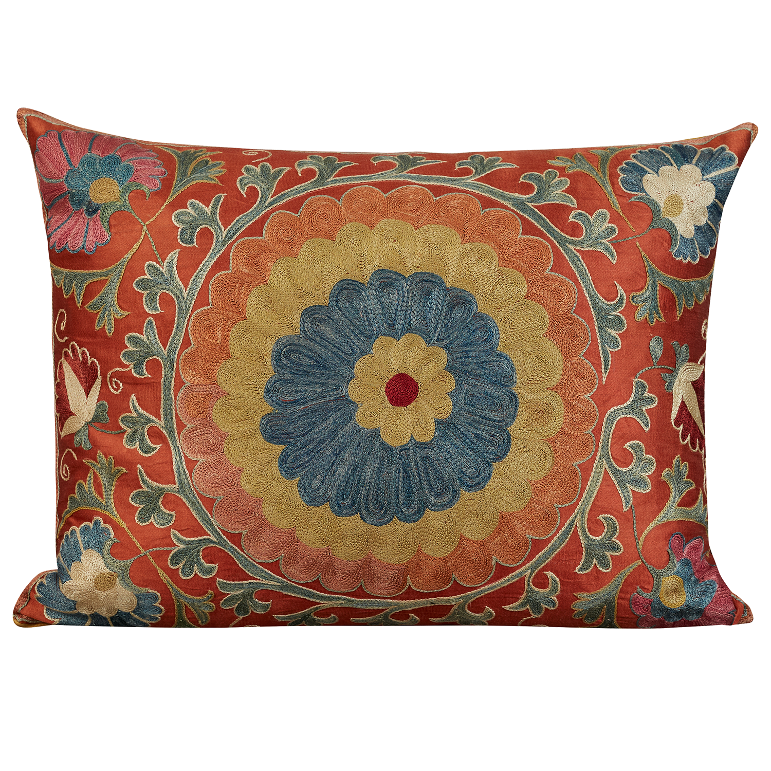 Rectangular silk suzani cushion with scrolling vine and central medallion