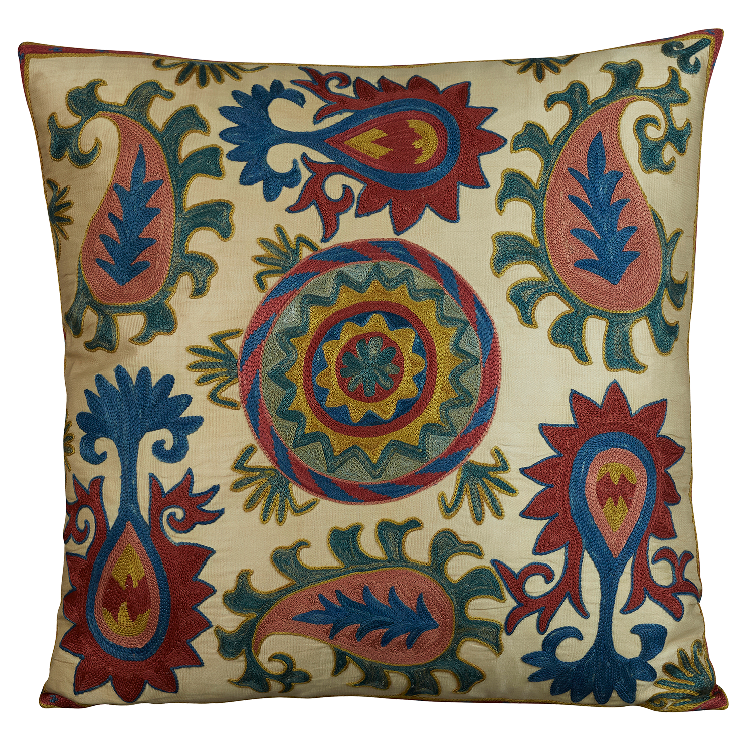 Square silk suzani embroidered cushion - pillow with Anatolian paisley motif and central medallion and checked border