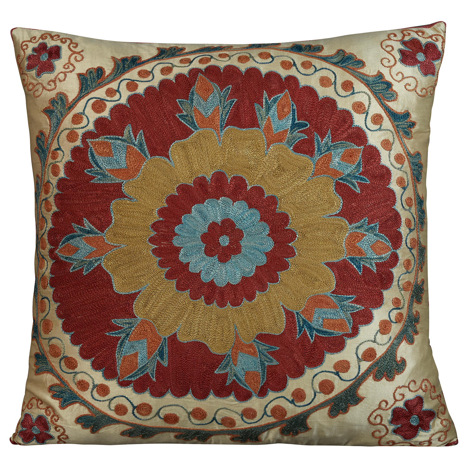 Square silk suzani embroidered cushion - pillow with bold large scale medallion and pale blue scrolling flowers