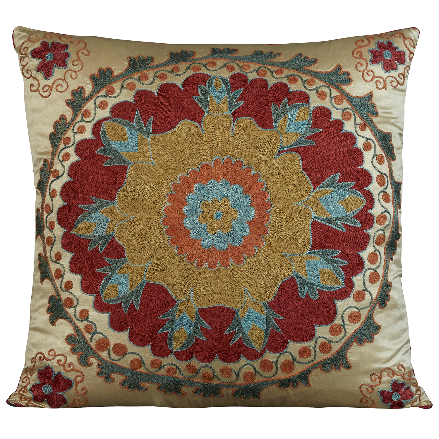 Square silk suzani embroidered cushion - pillow with bold large scale medallion