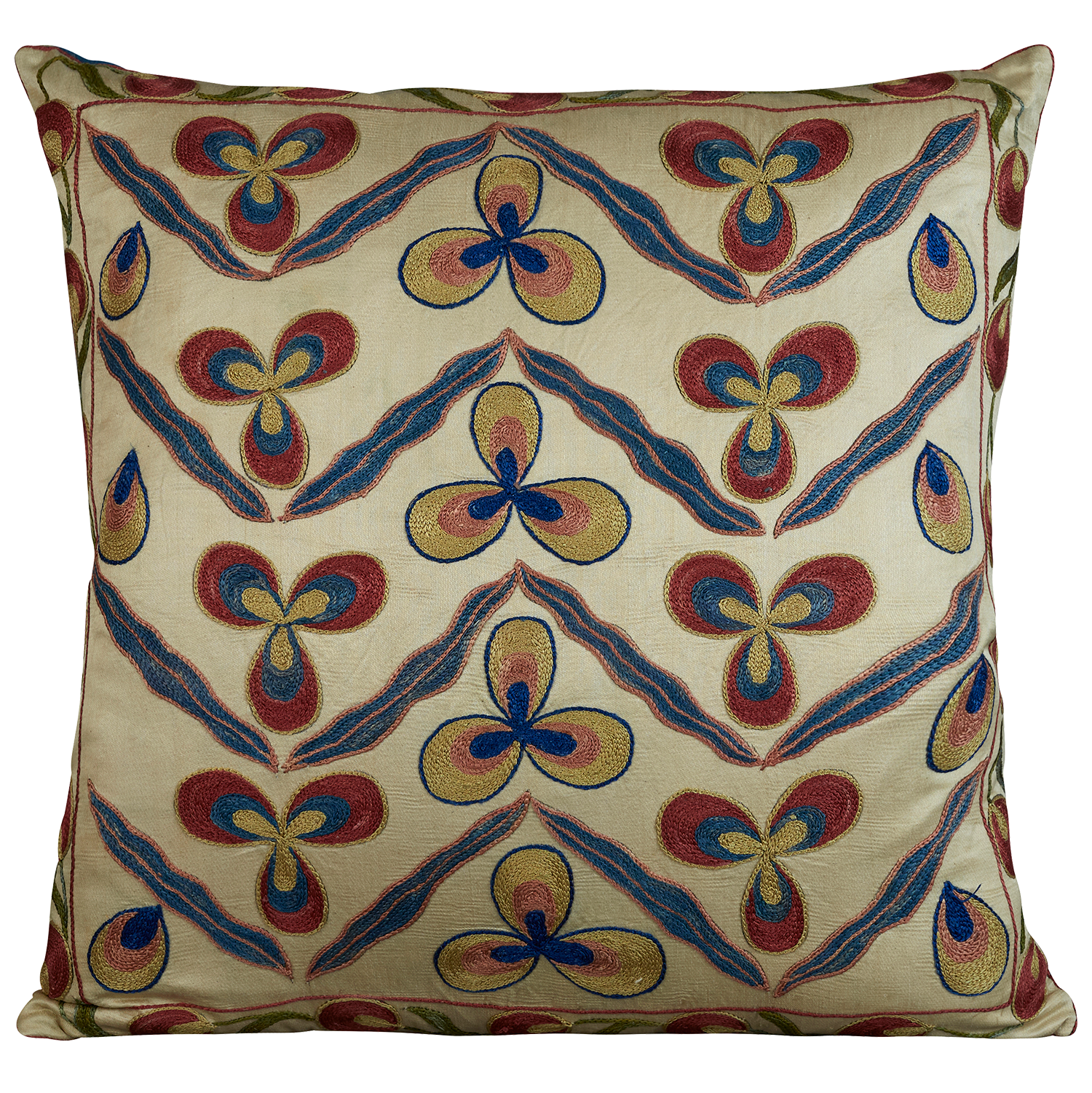 Square silk suzani embroidered cushion - pillow with Cintamani design and floral border