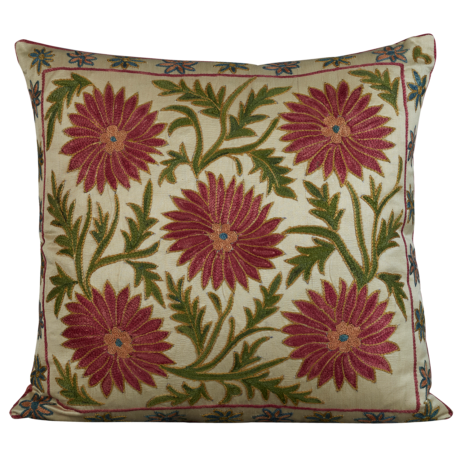 Square silk suzani embroidered cushion - pillow with pink peony stylised flowers and floral border