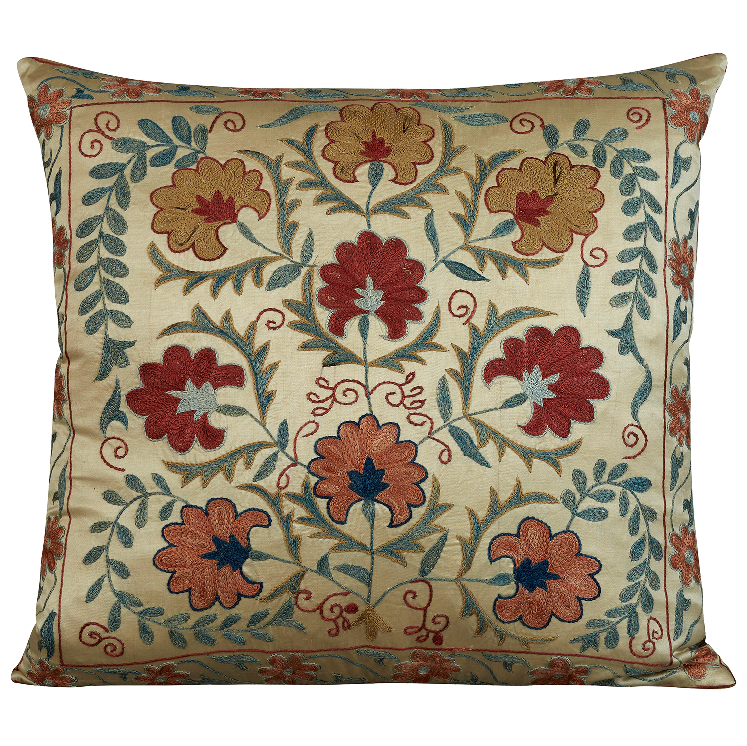 Square silk suzani embroidered cushion - pillow with classical Ottoman floral design with pink floral border