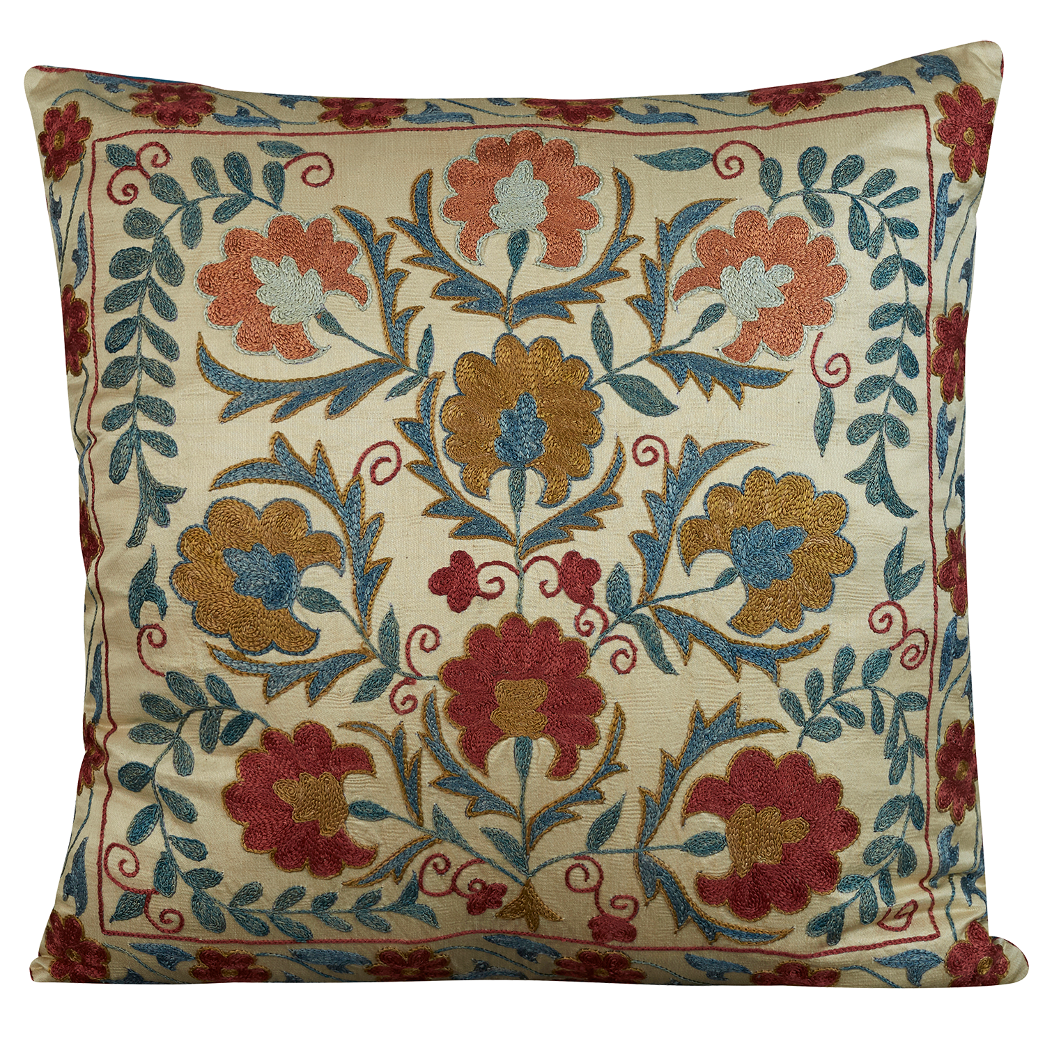 Square silk suzani embroidered cushion - pillow with classical Ottoman floral design with red floral border