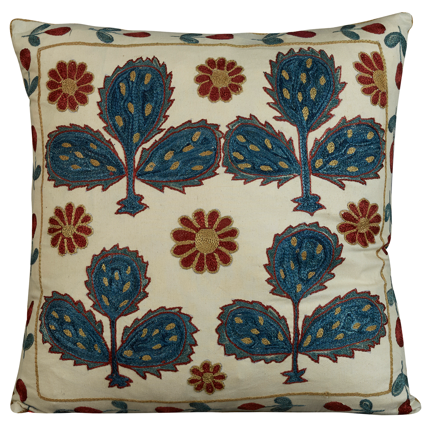 Square silk suzani embroidered cushion - pillow with naive Ottoman floral design