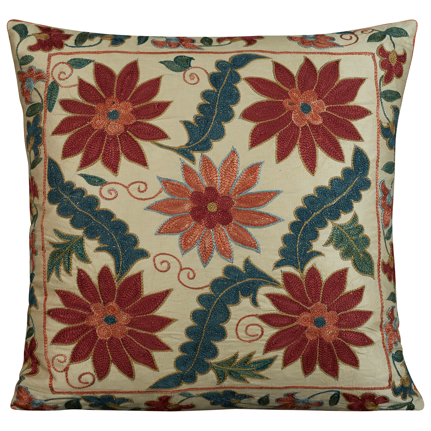 Square silk suzani embroidered cushion - pillow with Ottoman stylised peony design and alternating floral border