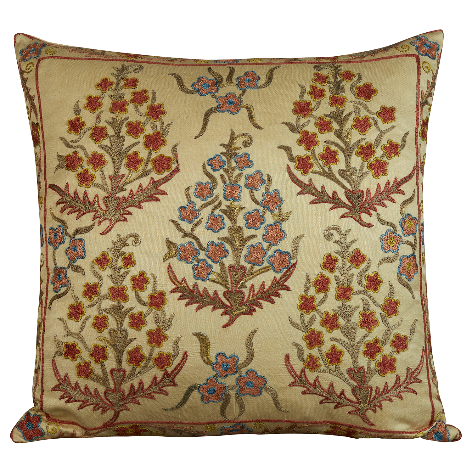 Square silk suzani embroidered cushion - pillow with 'Sultan's Garden' style floral embroidered detail